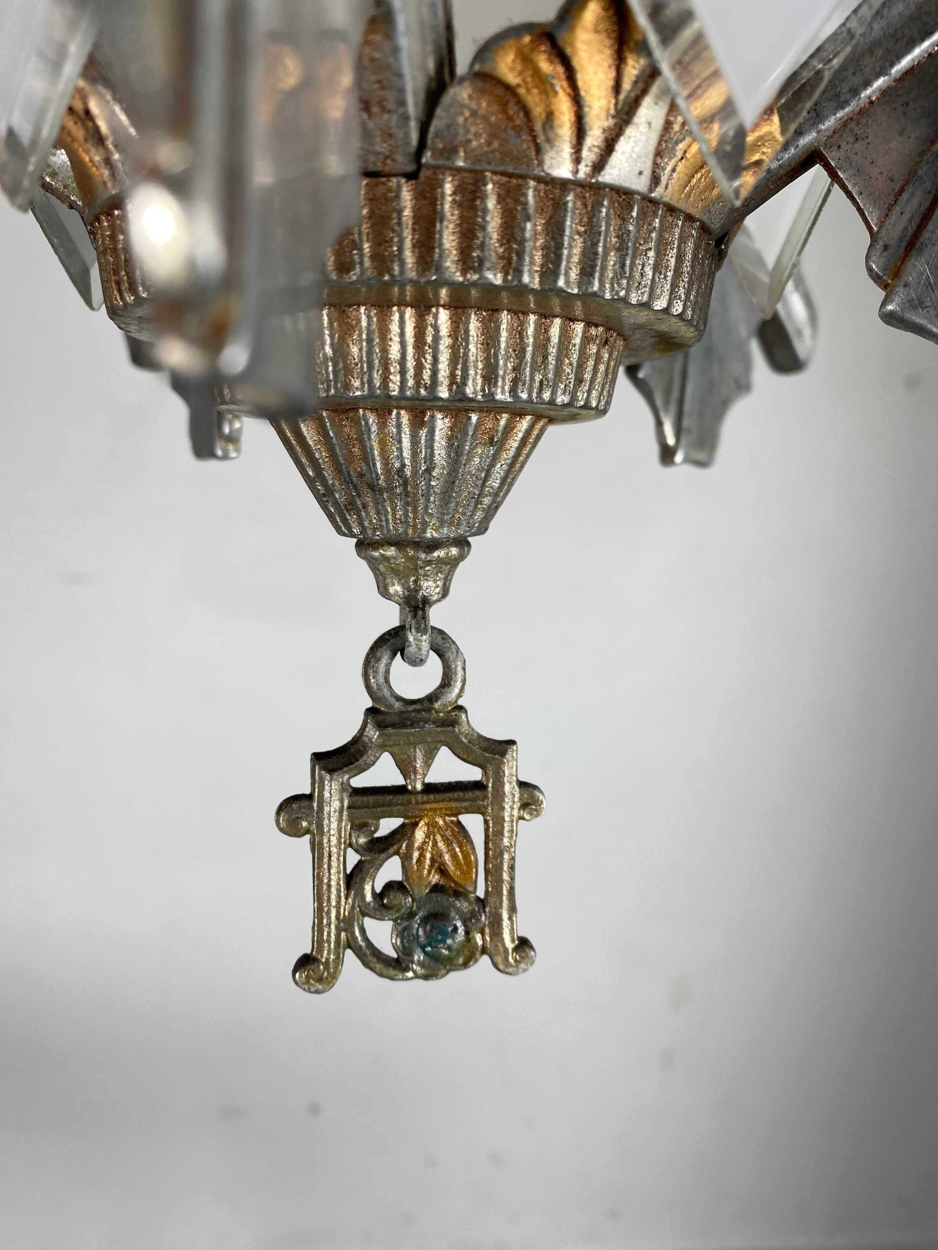 Stylized 1930s Art Deco Metal and Glass Hanging Pendant Chandelier by Markel In Good Condition In Buffalo, NY