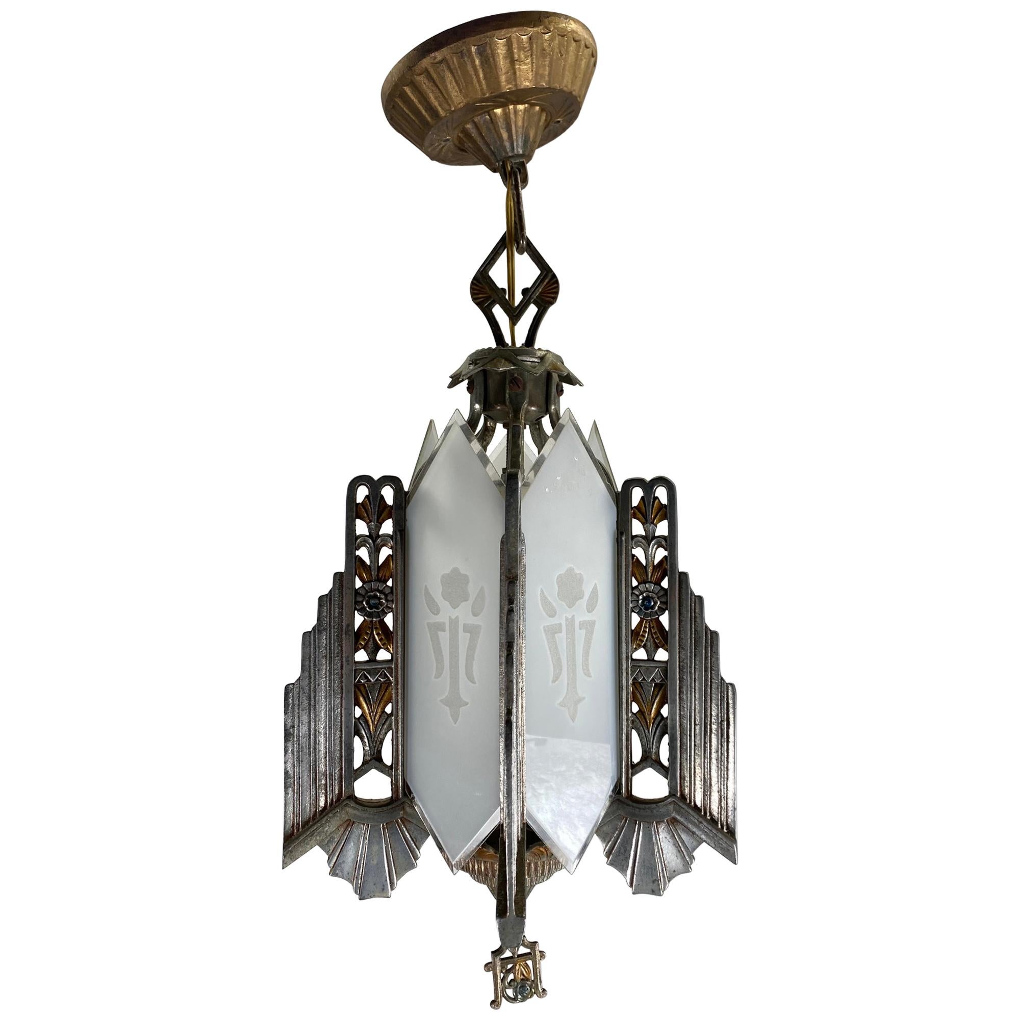 Stylized 1930s Art Deco Metal and Glass Hanging Pendant Chandelier by Markel