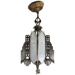 Stylized 1930s Art Deco Metal and Glass Hanging Pendant Chandelier by Markel