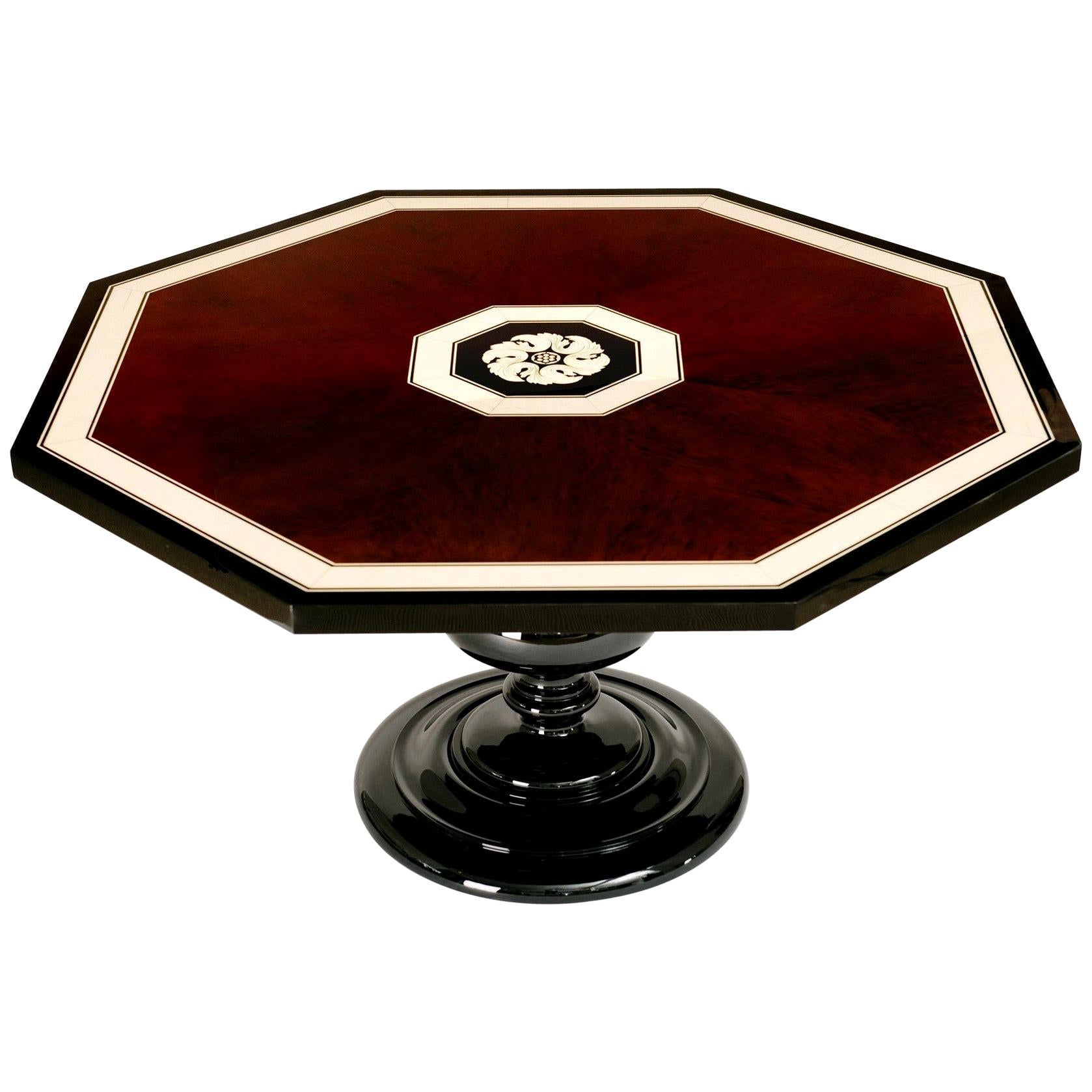 Stylized 1940s Lacquered Italian Inlay Octagonal Table