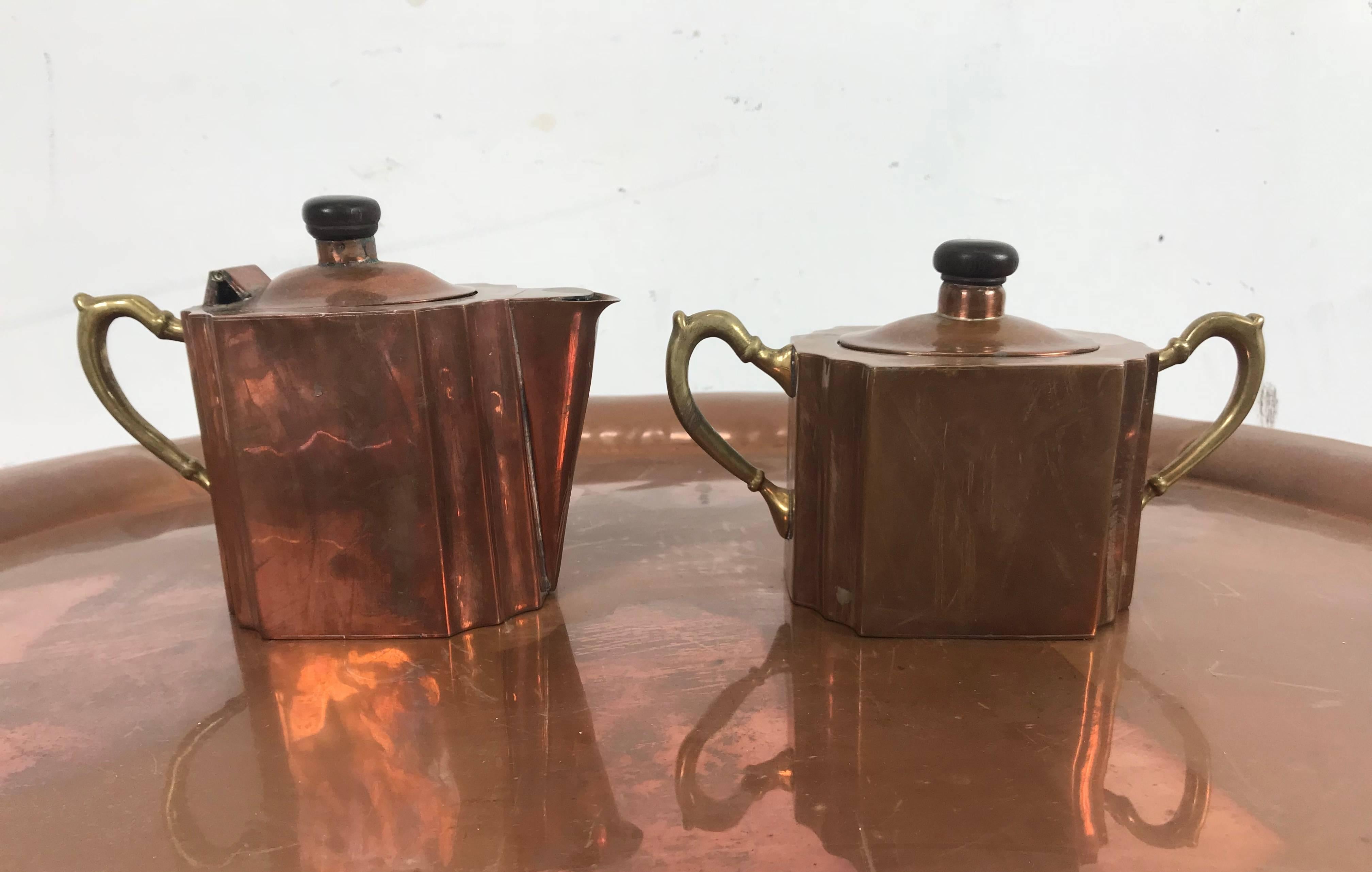Stylized Six-Piece Art Deco Copper Tea and Coffee Set Creamer, Sugar Tray 4