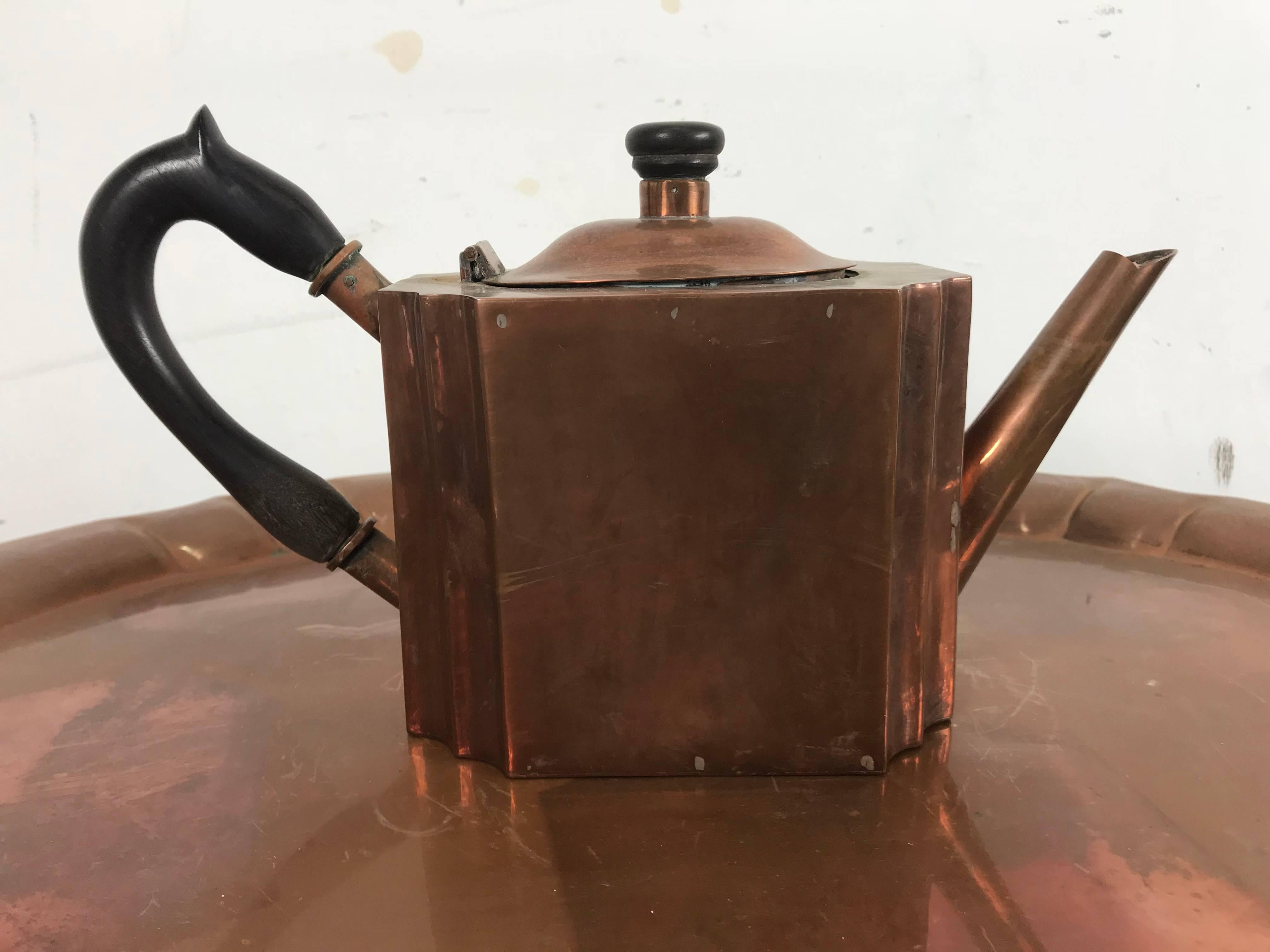 Stylized Six-Piece Art Deco Copper Tea and Coffee Set Creamer, Sugar Tray 1