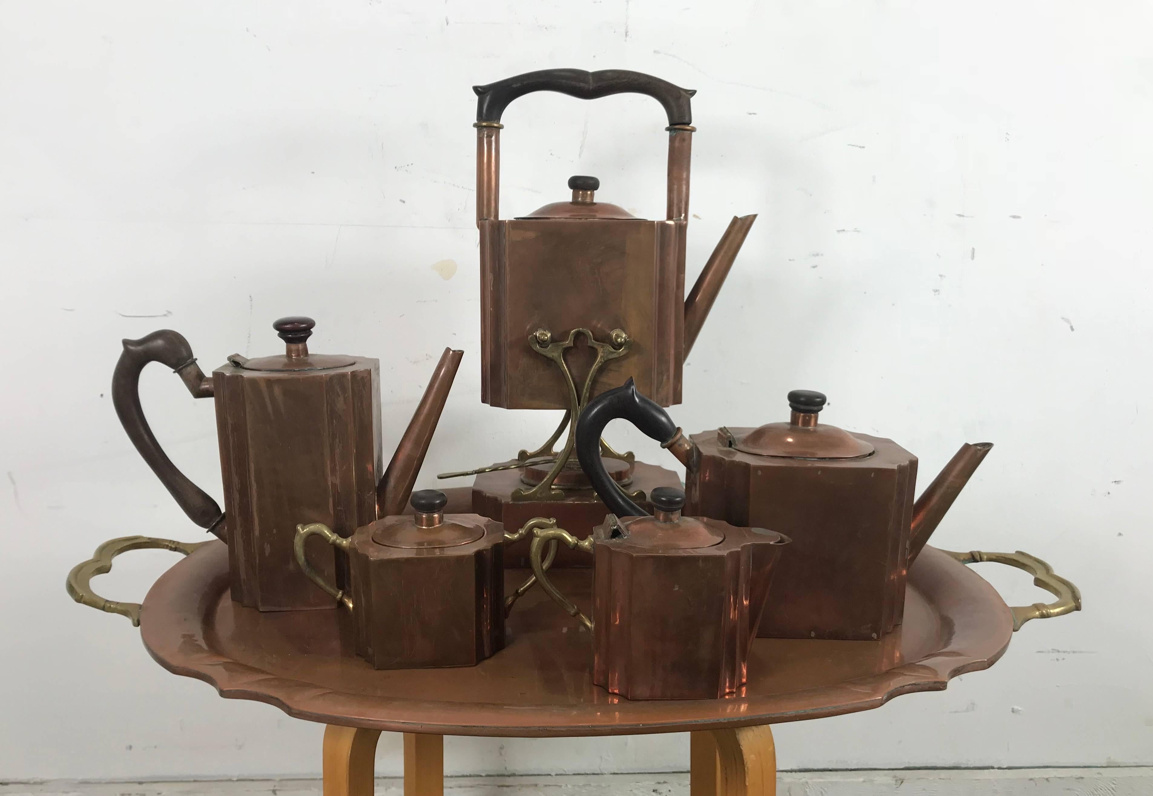Stylized Six-Piece Art Deco Copper Tea and Coffee Set Creamer, Sugar Tray 2
