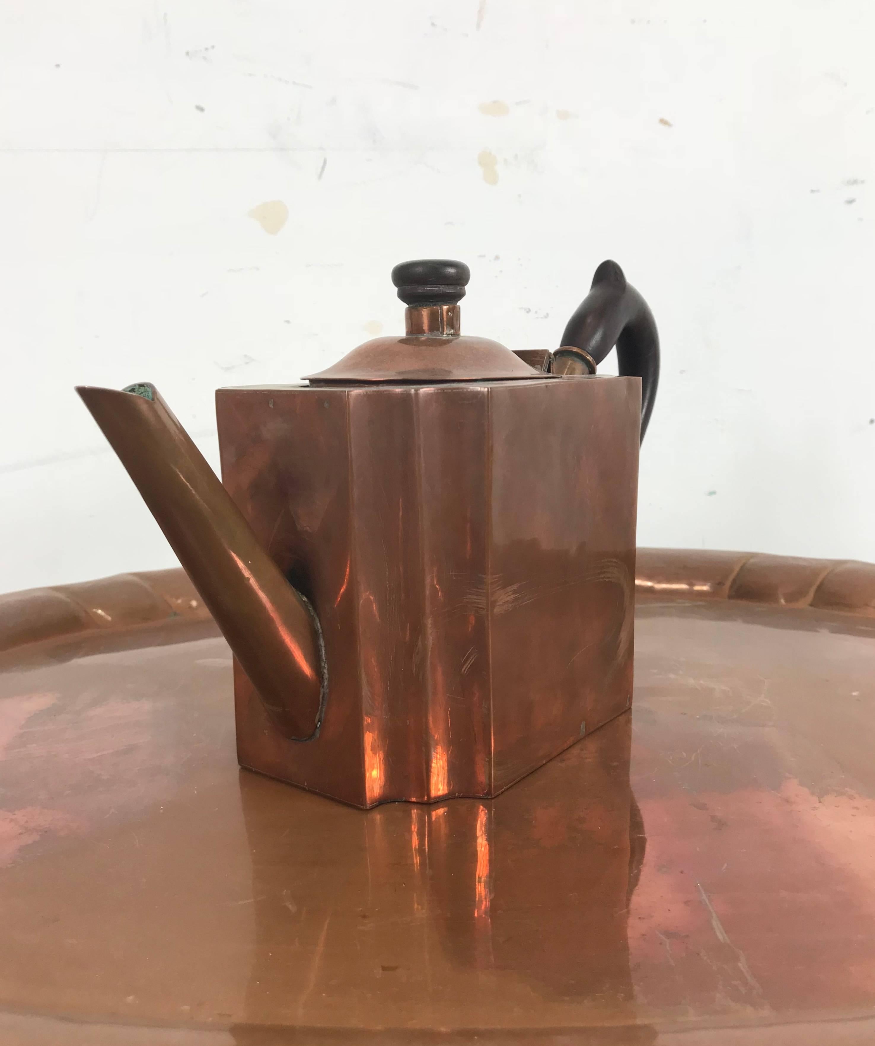 Stylized Six-Piece Art Deco Copper Tea and Coffee Set Creamer, Sugar Tray 3