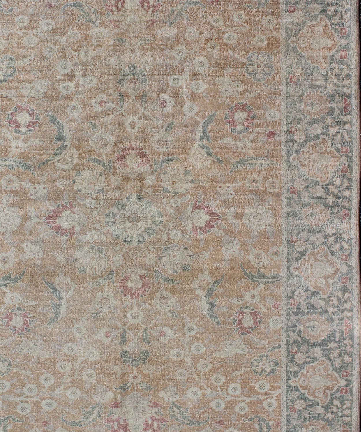 Oushak Stylized Antique Turkish Sivas Rug with Tan Background and Ivory, Gray Motifs For Sale