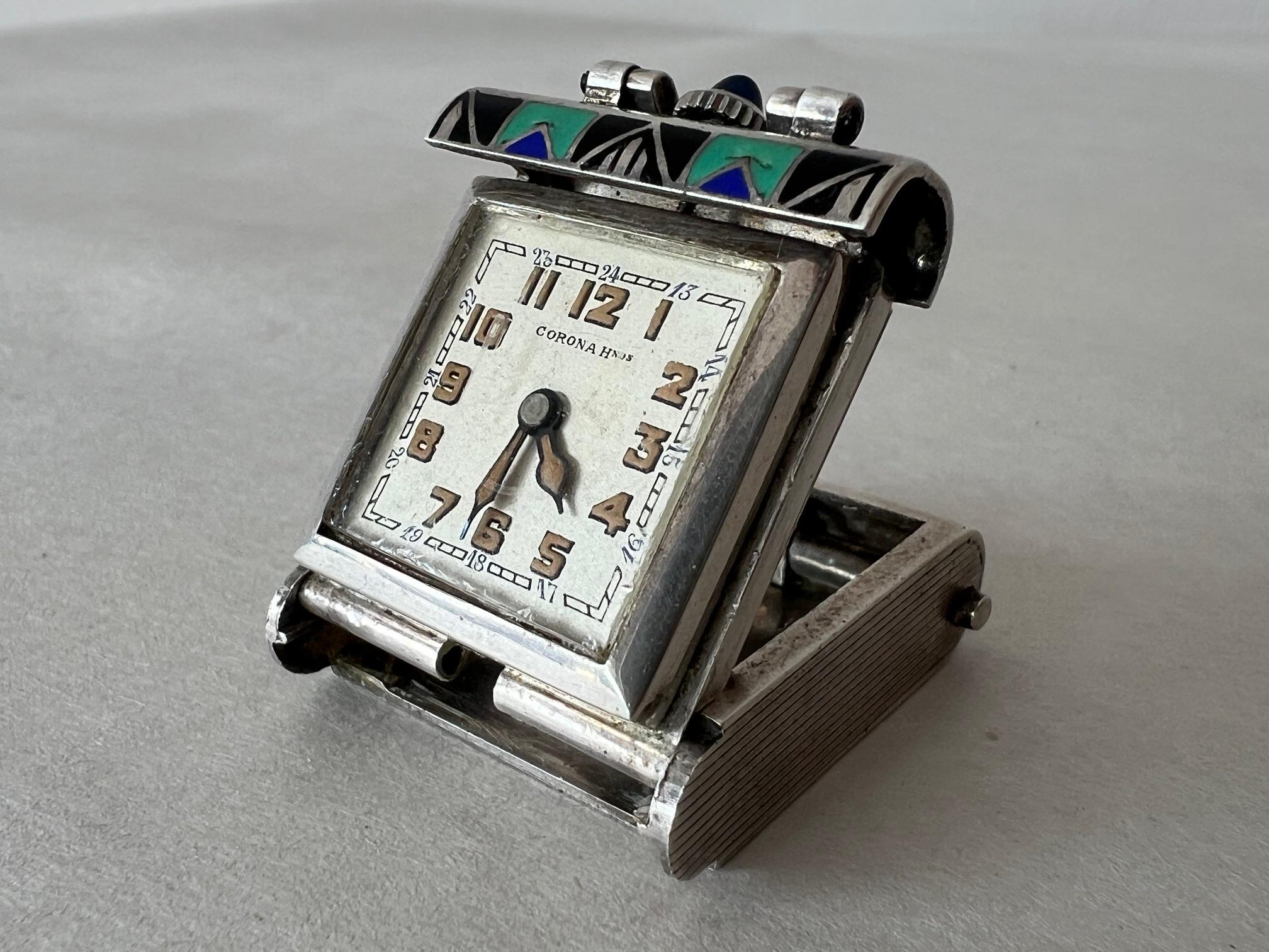 Stilisierte Art Deco emaillierte Reise Uhr in .925 Sterling ca' 1920's im Angebot 4
