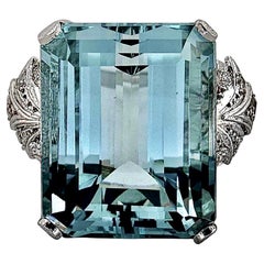 Antique Stylized Art-Deco Period Platinum Cocktail Ring with Aquamarine and Diamonds