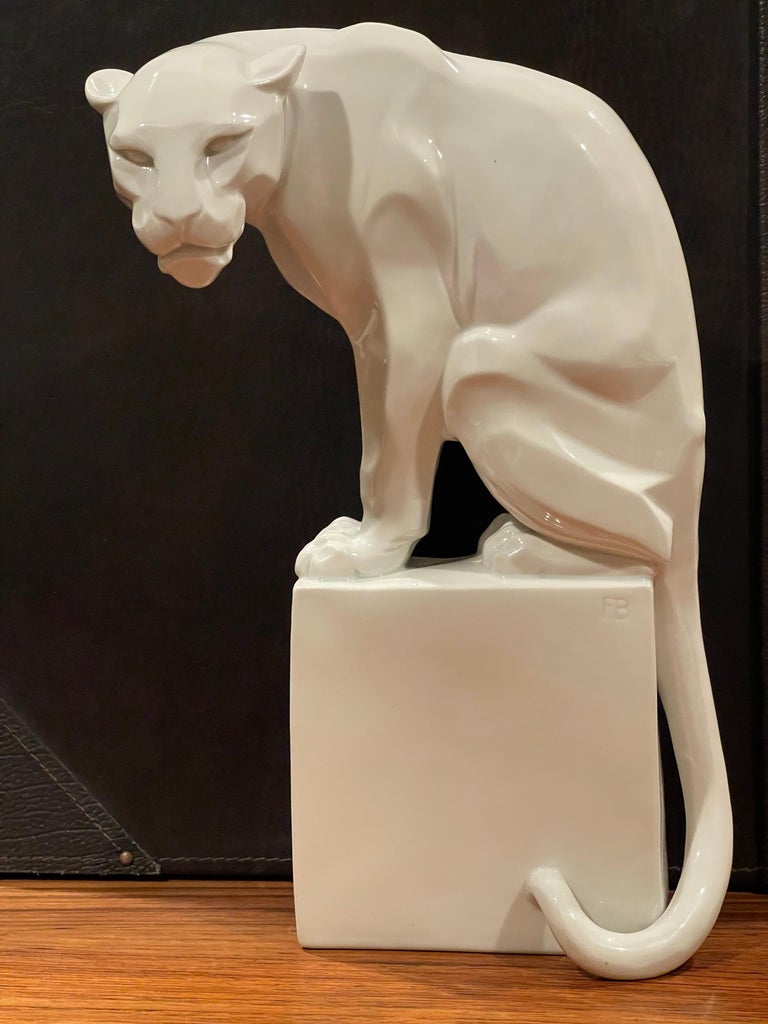 Stylized Art Deco Porcelain Panther Model 1630 Sculpture by Franz Barwig For Sale 5