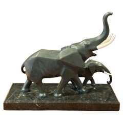Stylized Art Deco Style Elephants Bronze Sculpture on Marble Base