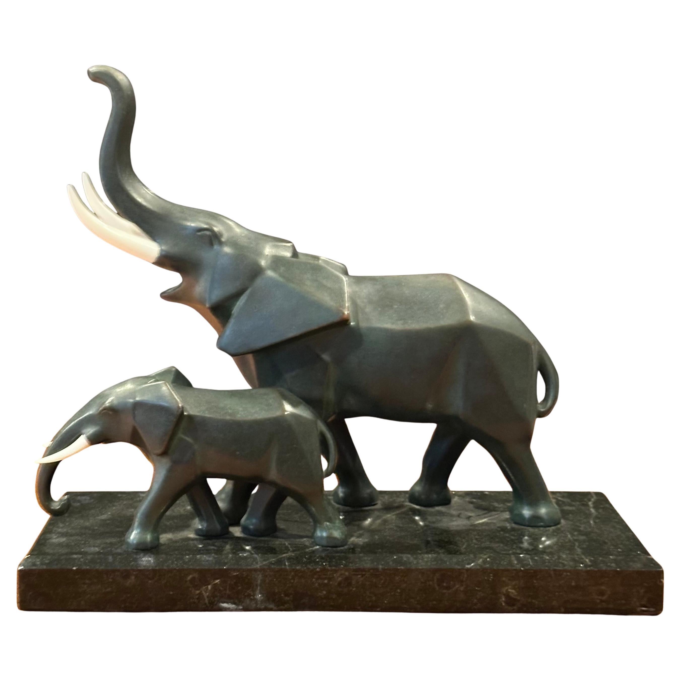 German Stylized Art Deco Style Elephants Bronze Sculpture on Marble Base For Sale