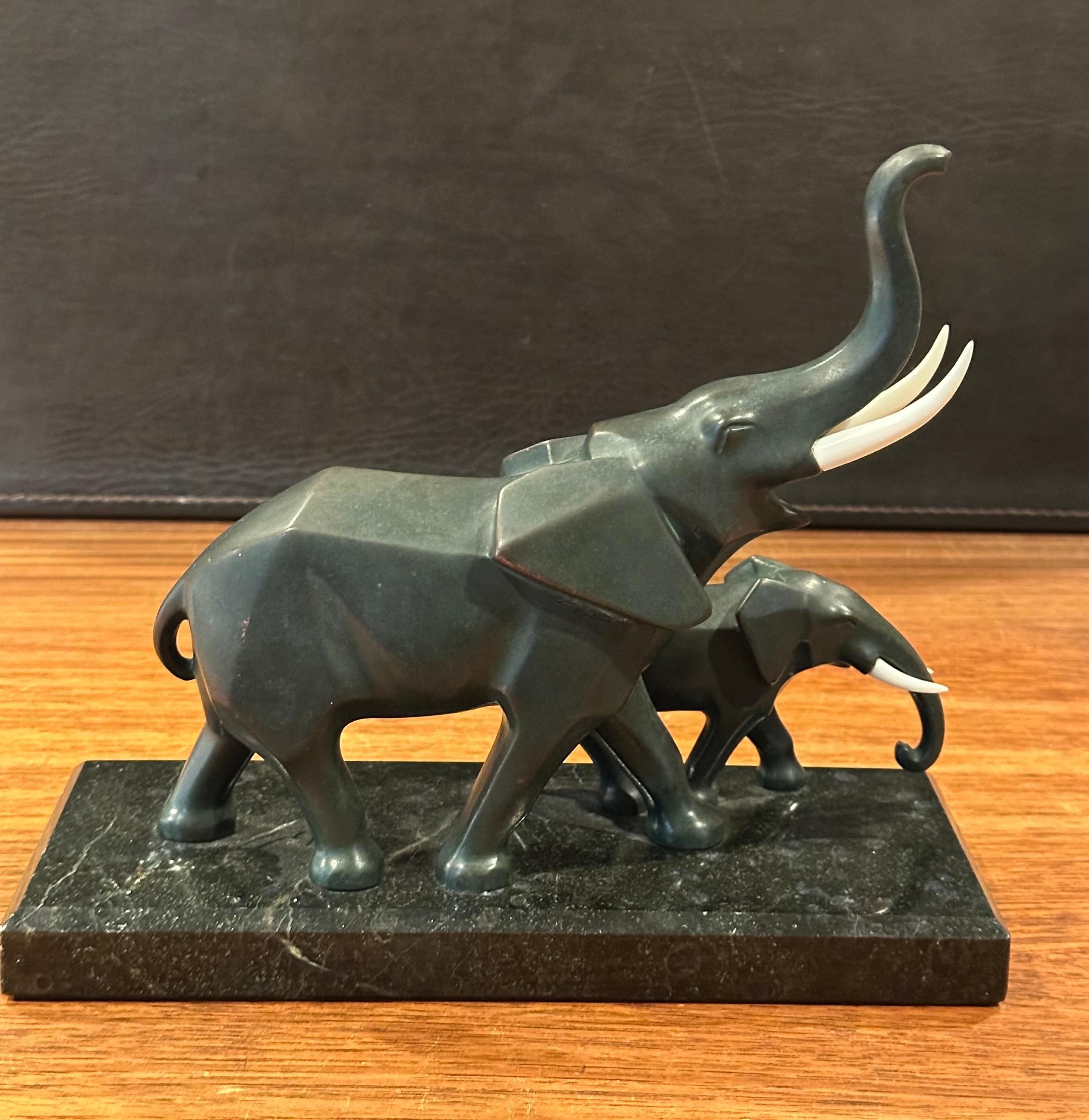 20th Century Stylized Art Deco Style Elephants Bronze Sculpture on Marble Base For Sale