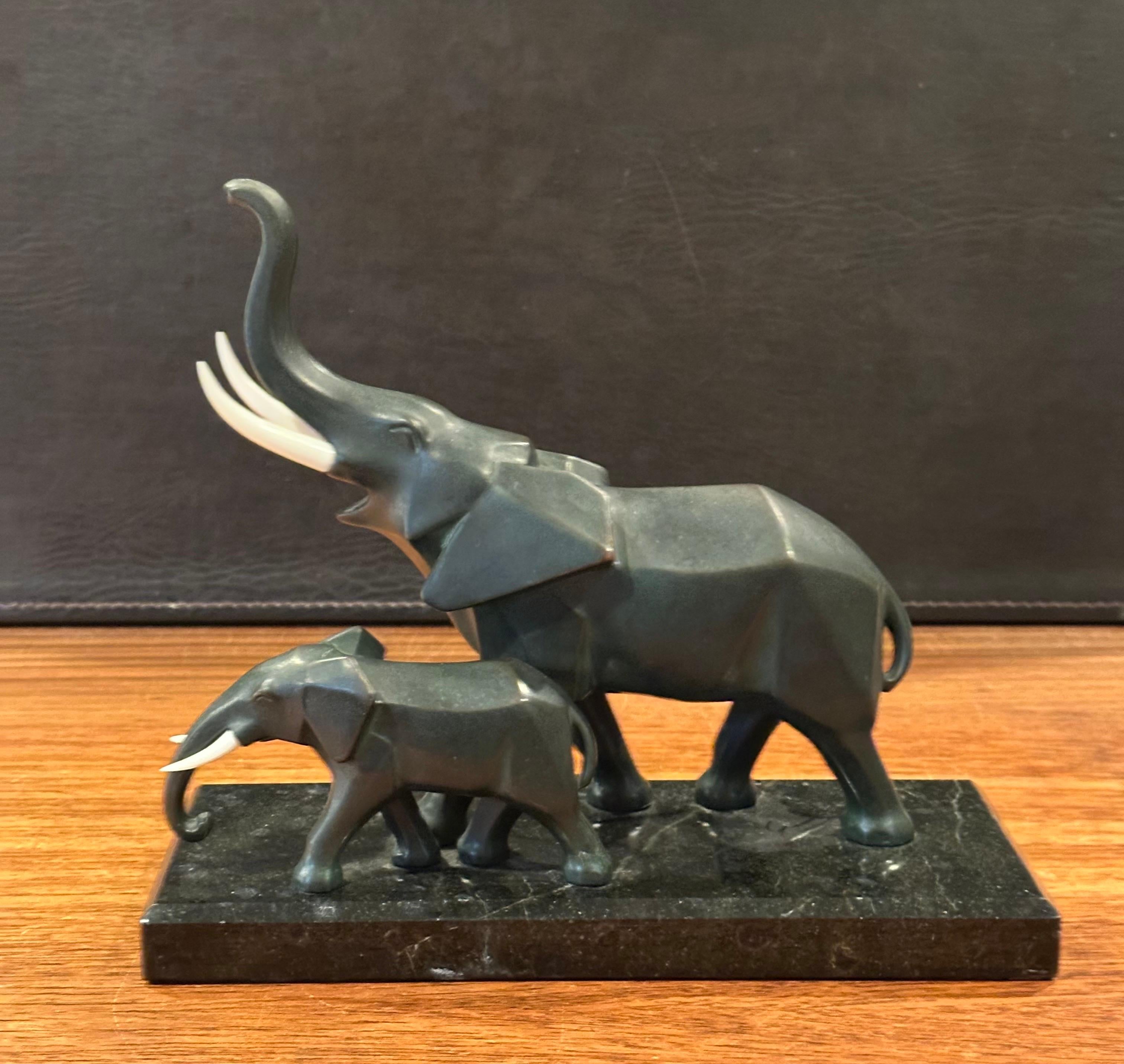 Stylized Art Deco Style Elephants Bronze Sculpture on Marble Base For Sale 1