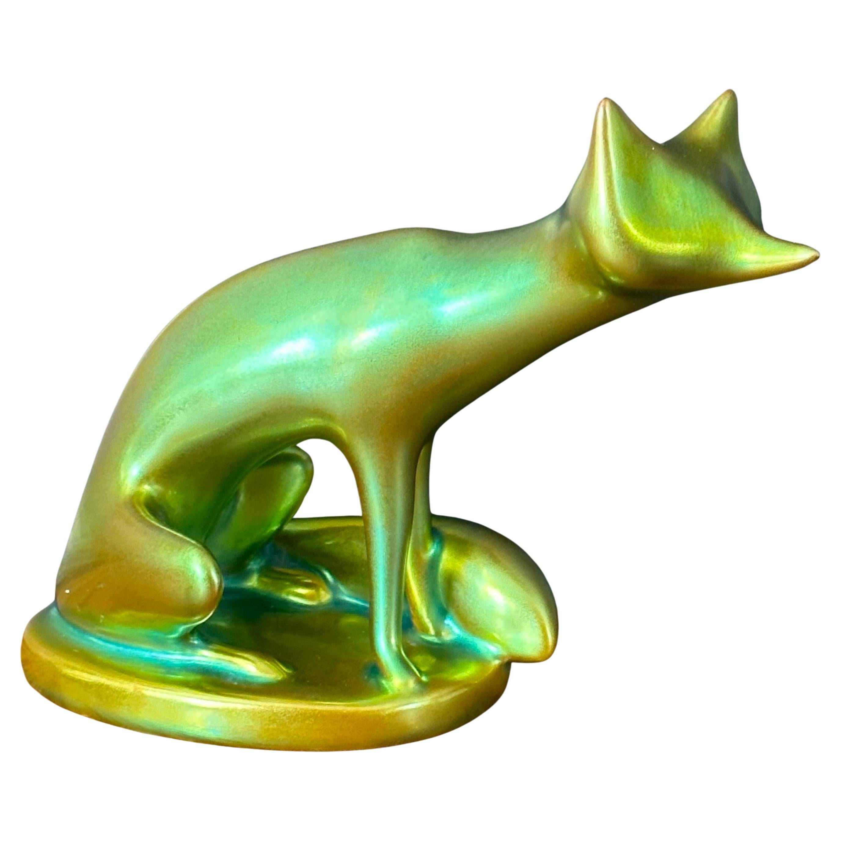 Hungarian Stylized Art Nouveau Eosin Green Porcelain Fox Sculpture by Zsolnay For Sale