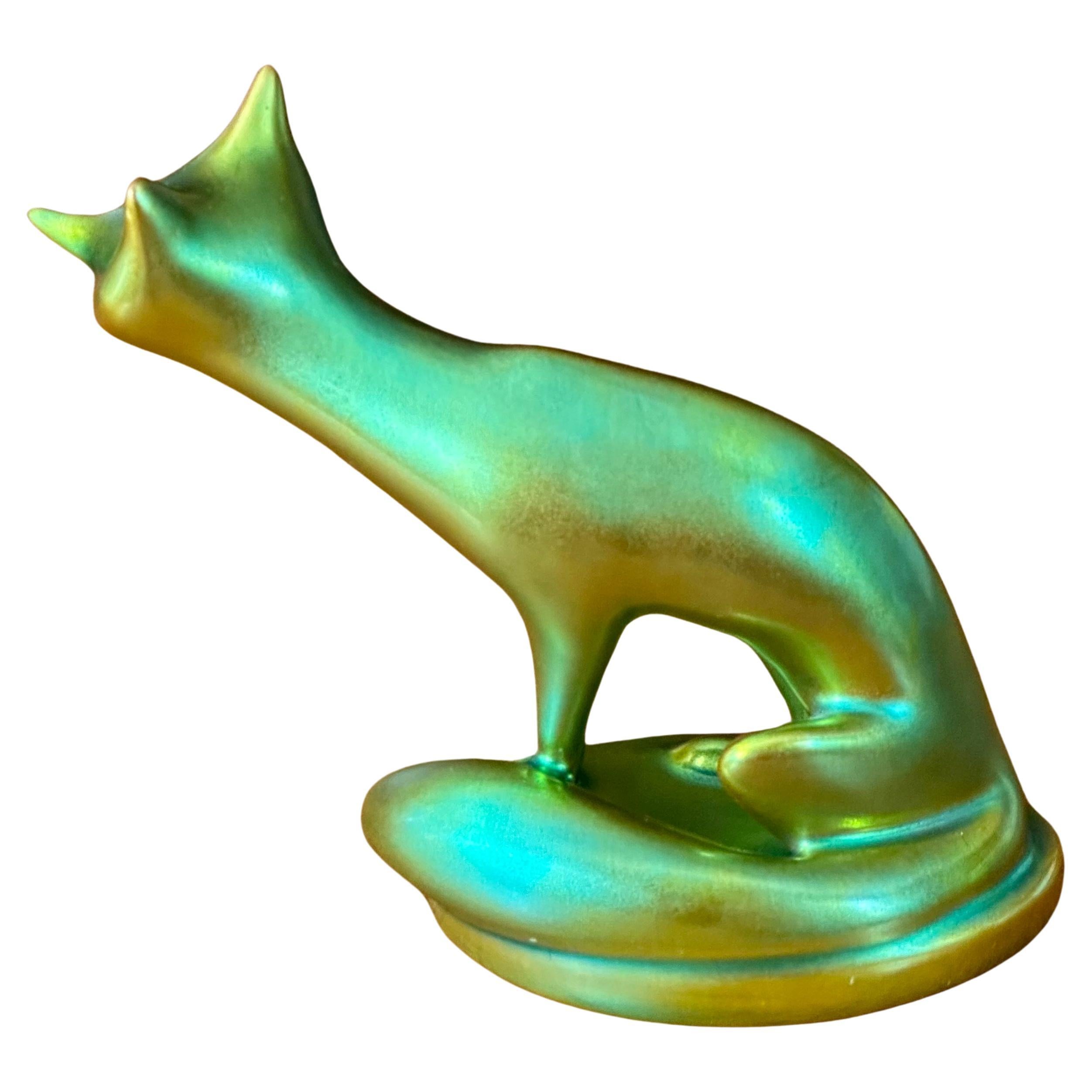 Stylized Art Nouveau Eosin Green Porcelain Fox Sculpture by Zsolnay In Good Condition For Sale In San Diego, CA