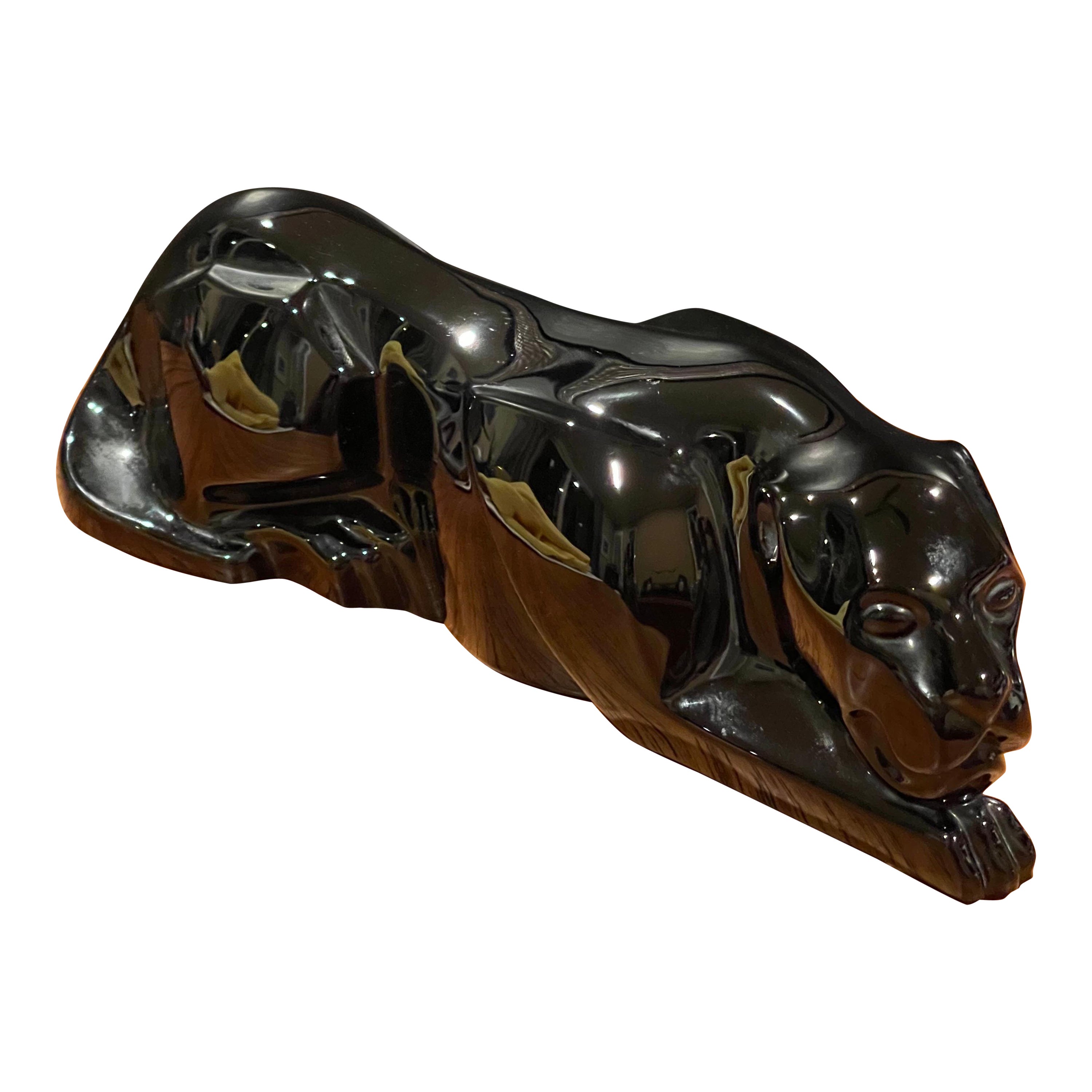 Stylized Black Crystal Panther / Jaguar Sculpture by Baccarat