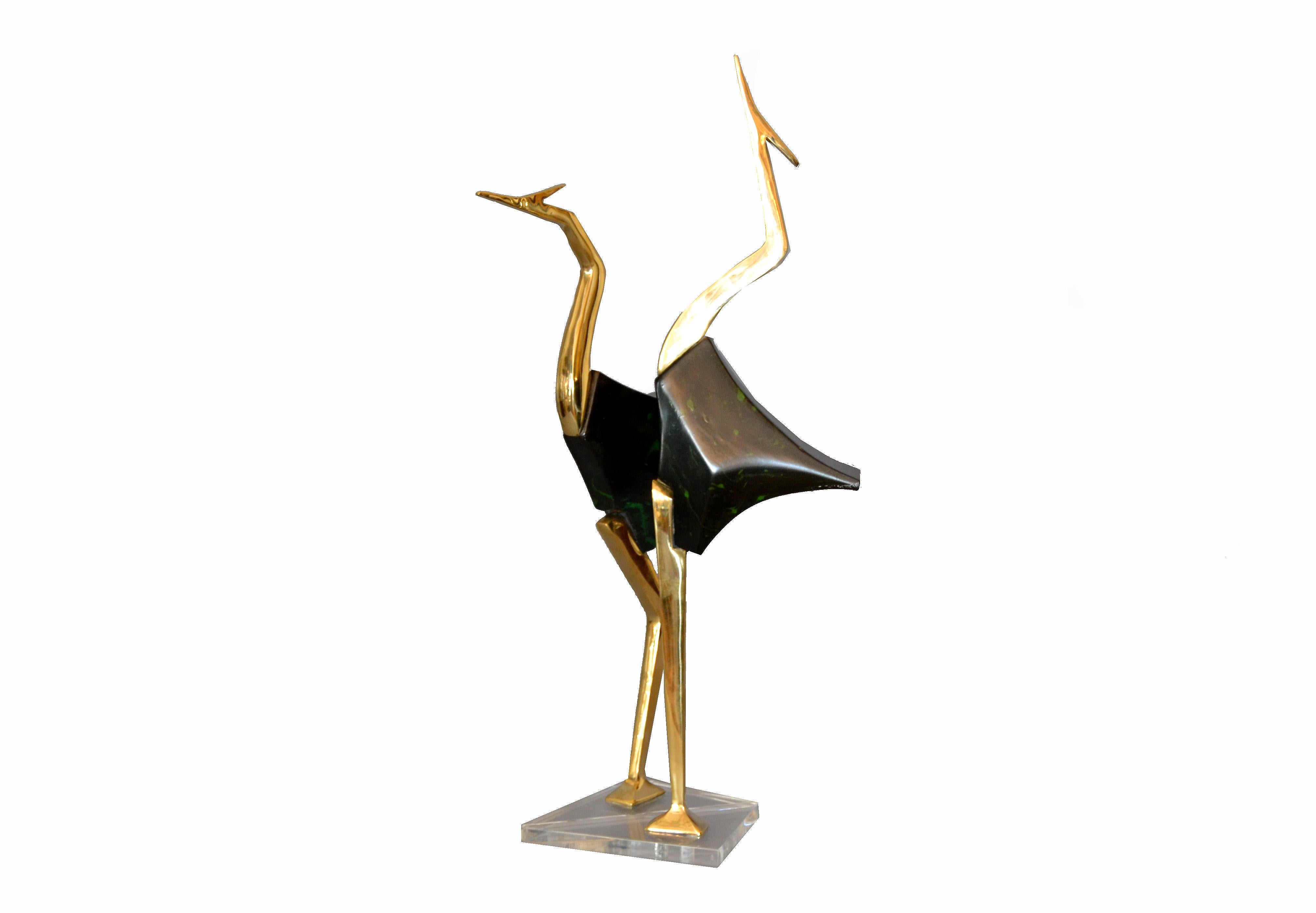 Stylized Brass and Wood Crane Sculptures on Lucite Base, a Pair For Sale 7