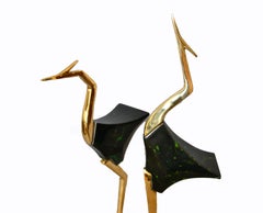 Stylized Brass and Wood Crane Sculptures on Lucite Base, a Pair