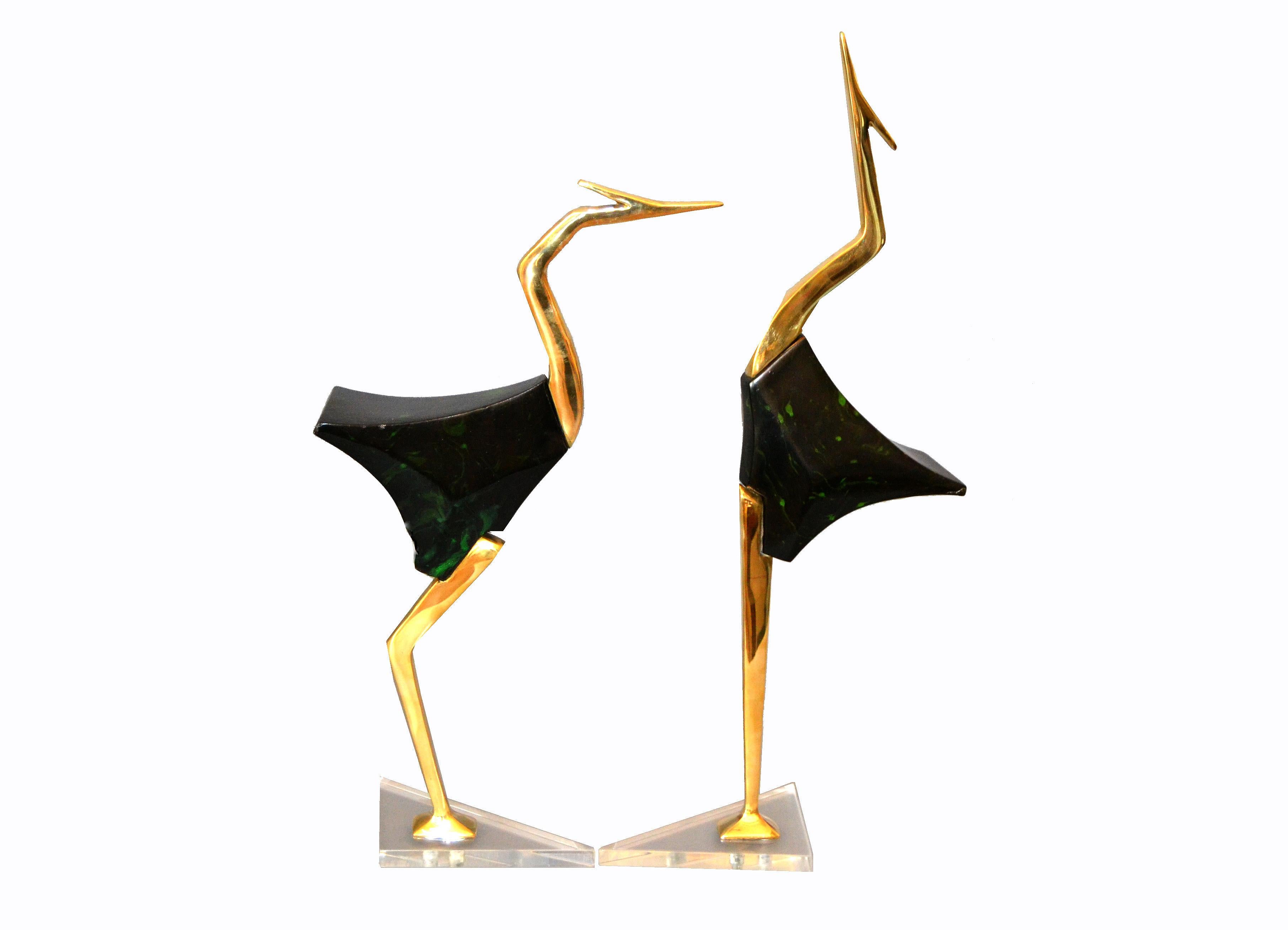 Mid-Century Modern Stylized Brass and Wood Crane Sculptures on Lucite Base, a Pair For Sale