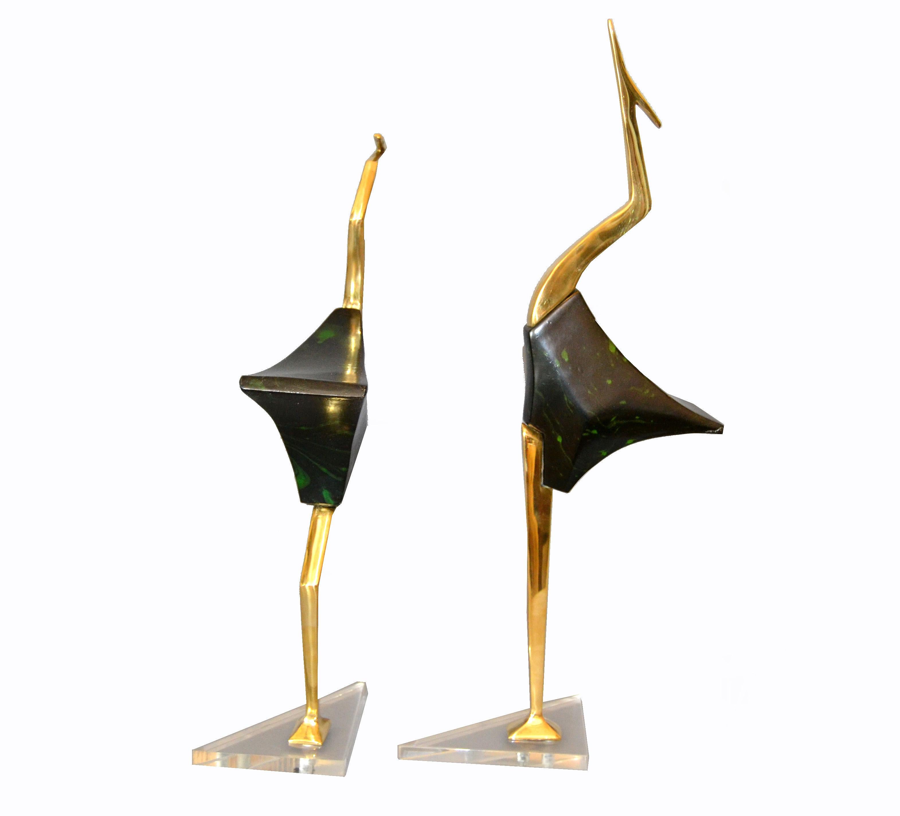American Stylized Brass and Wood Crane Sculptures on Lucite Base, a Pair For Sale