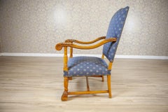 Stylized, Carved Walnut Armchair/Throne in Blue Upholstery, 1960s-1980s