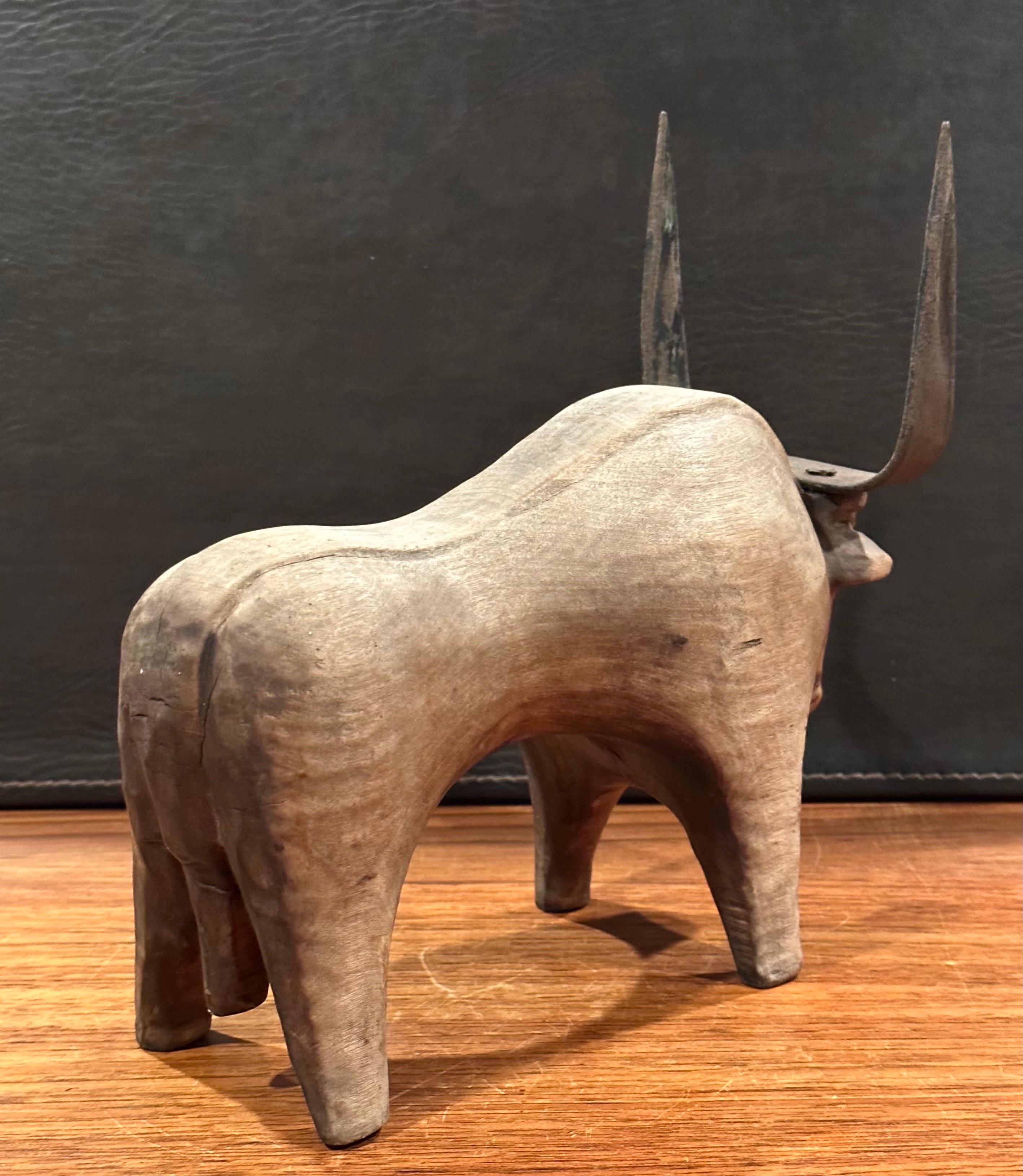 Stylized Carved Wood and Iron Charging Bull Sculpture  For Sale 3