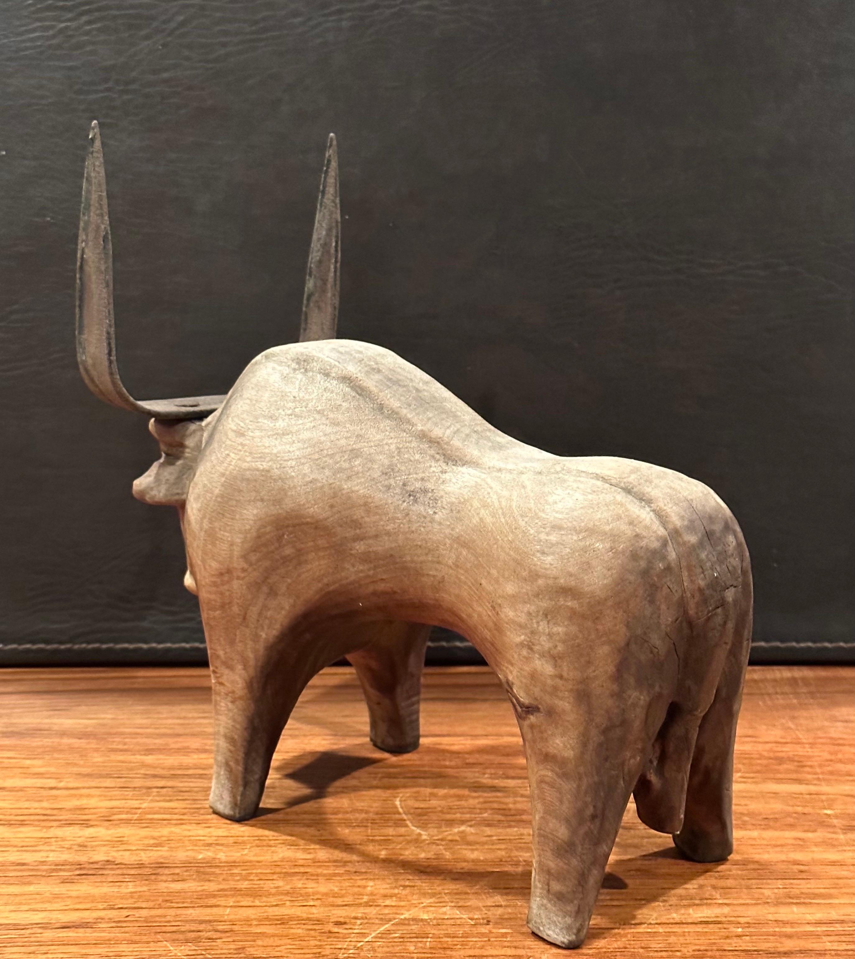 Stylized Carved Wood and Iron Charging Bull Sculpture  For Sale 5