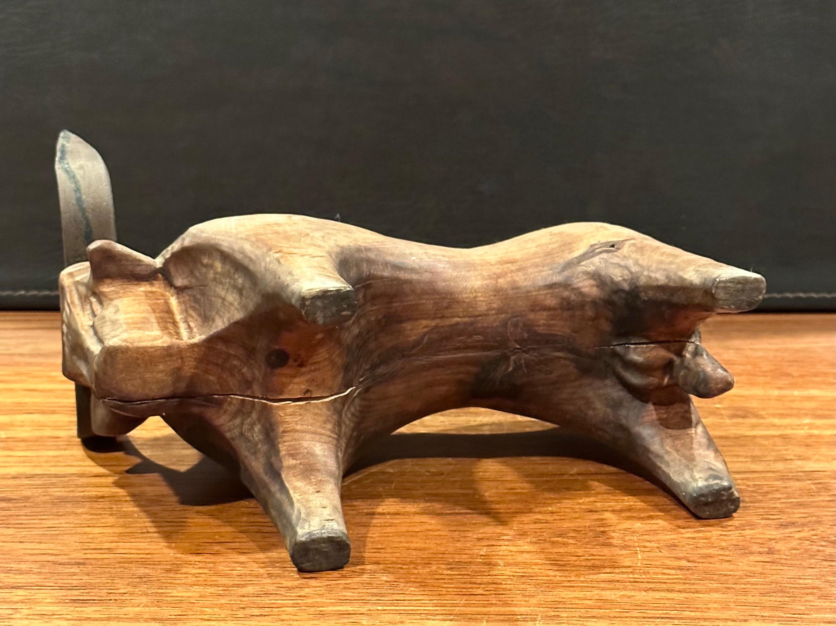 Stylized Carved Wood and Iron Charging Bull Sculpture  For Sale 7