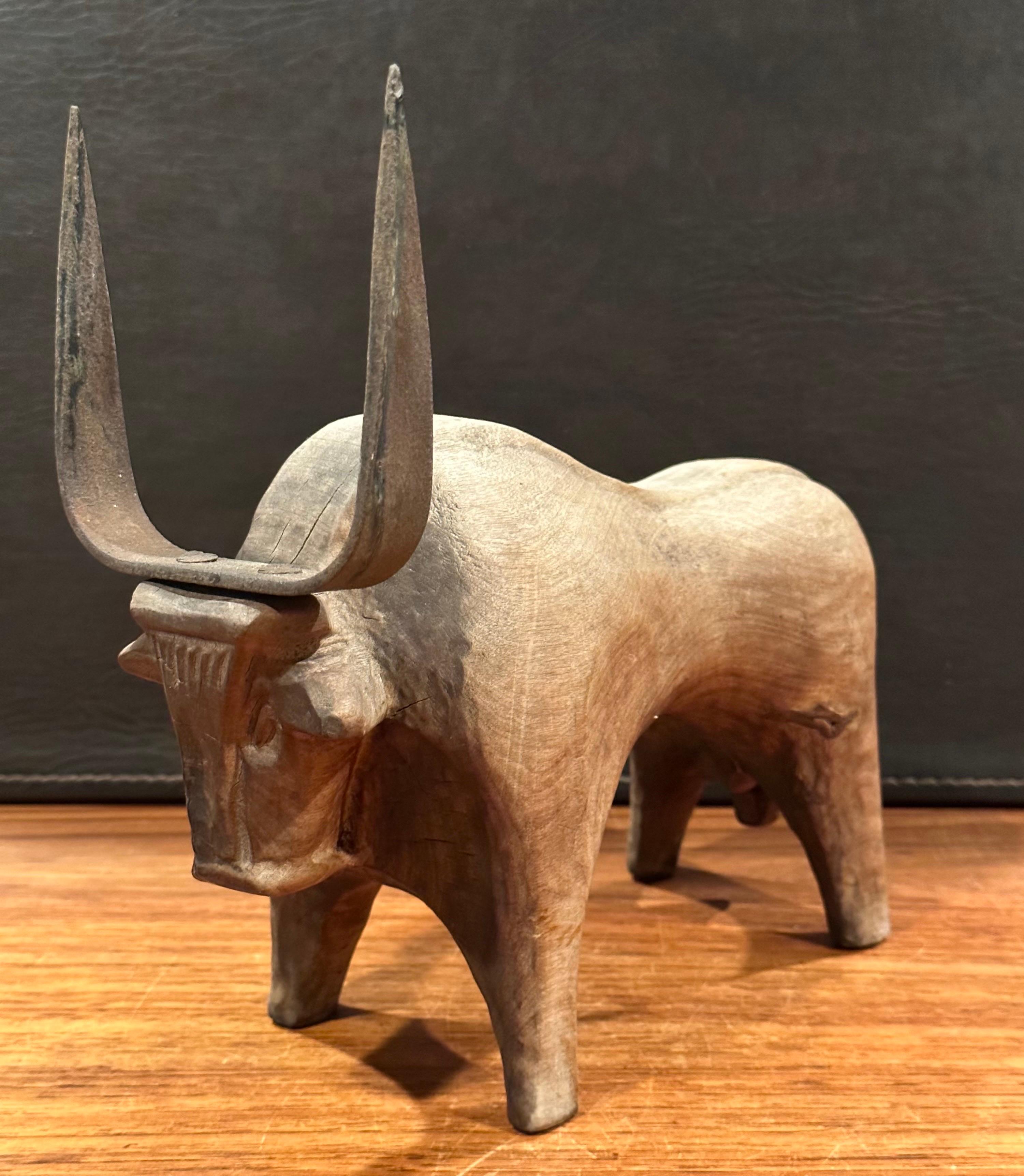 Stylized Carved Wood and Iron Charging Bull Sculpture  For Sale 9
