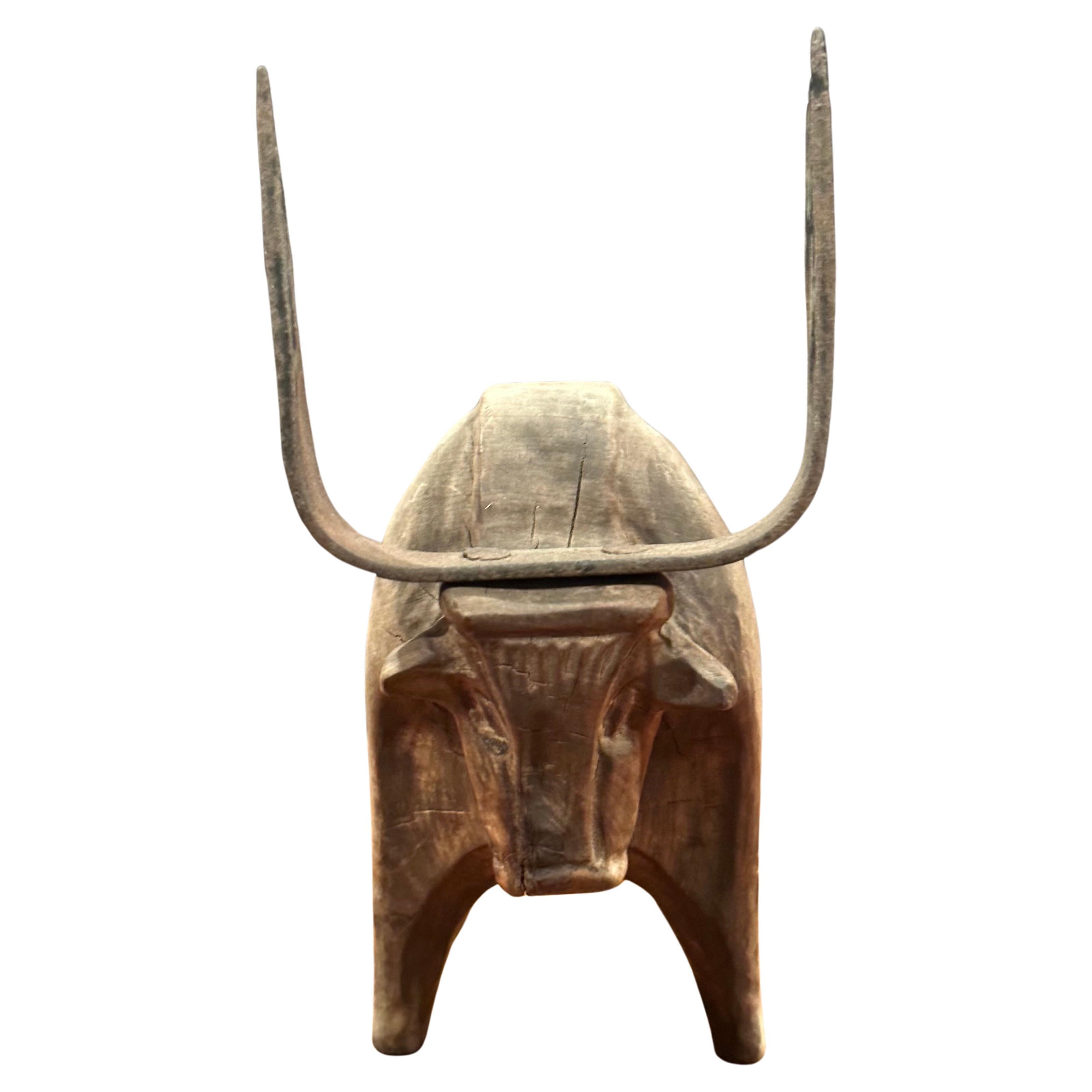 Mid-Century Modern Stylized Carved Wood and Iron Charging Bull Sculpture  For Sale