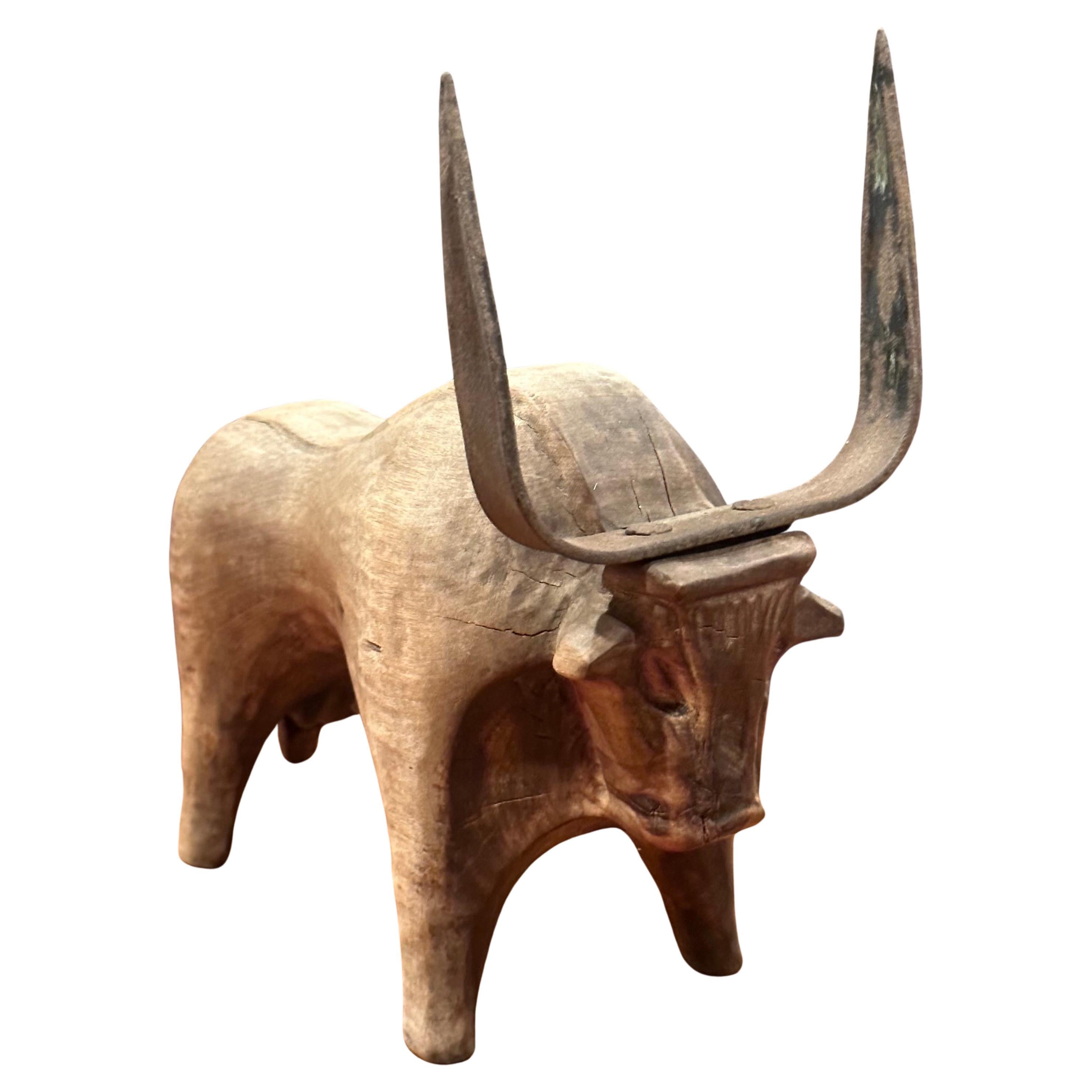 Spanish Stylized Carved Wood and Iron Charging Bull Sculpture  For Sale