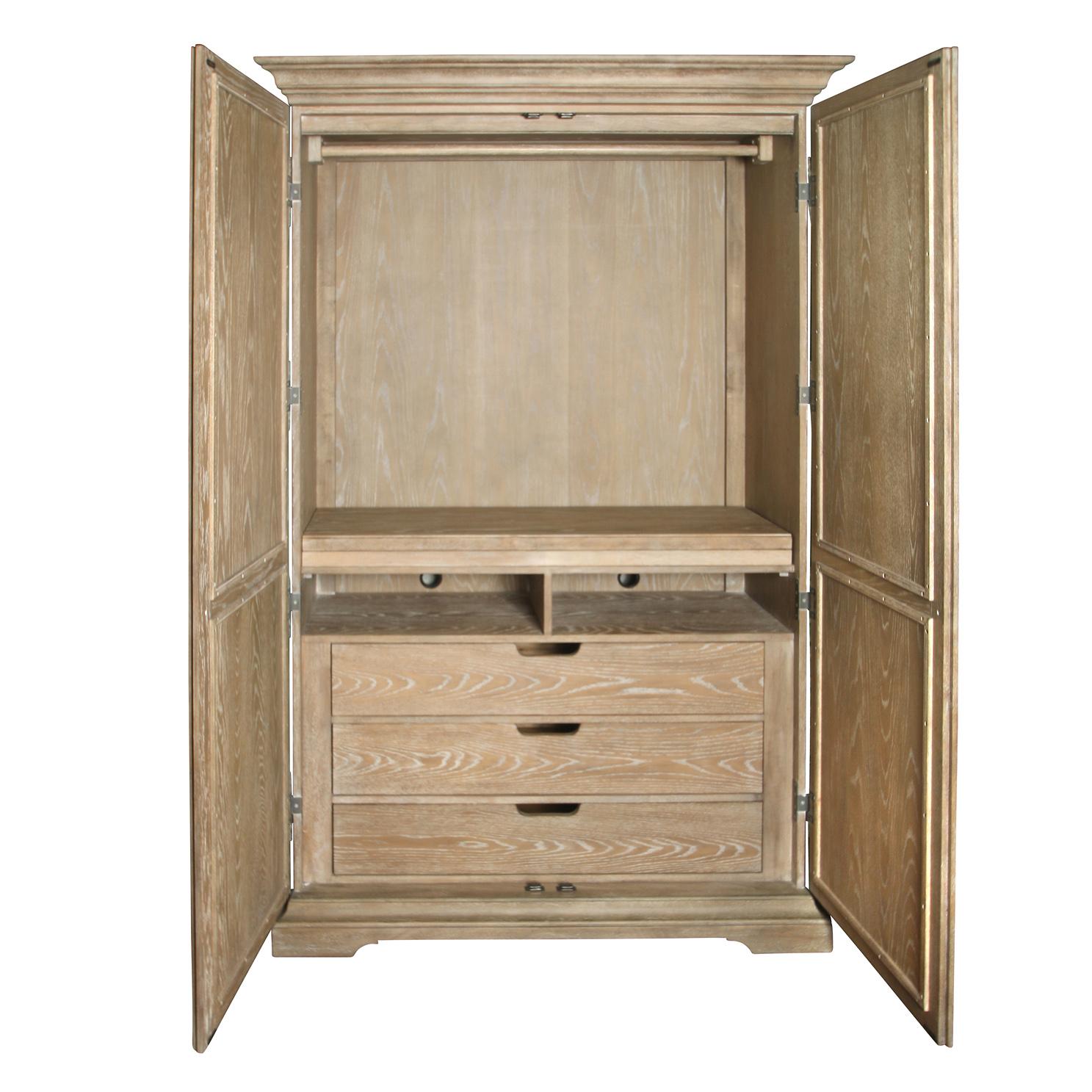 Stylized cerused oak mirrored front armoire with plenty of storage, hanging bar and drawer inside. From Bernhardt.