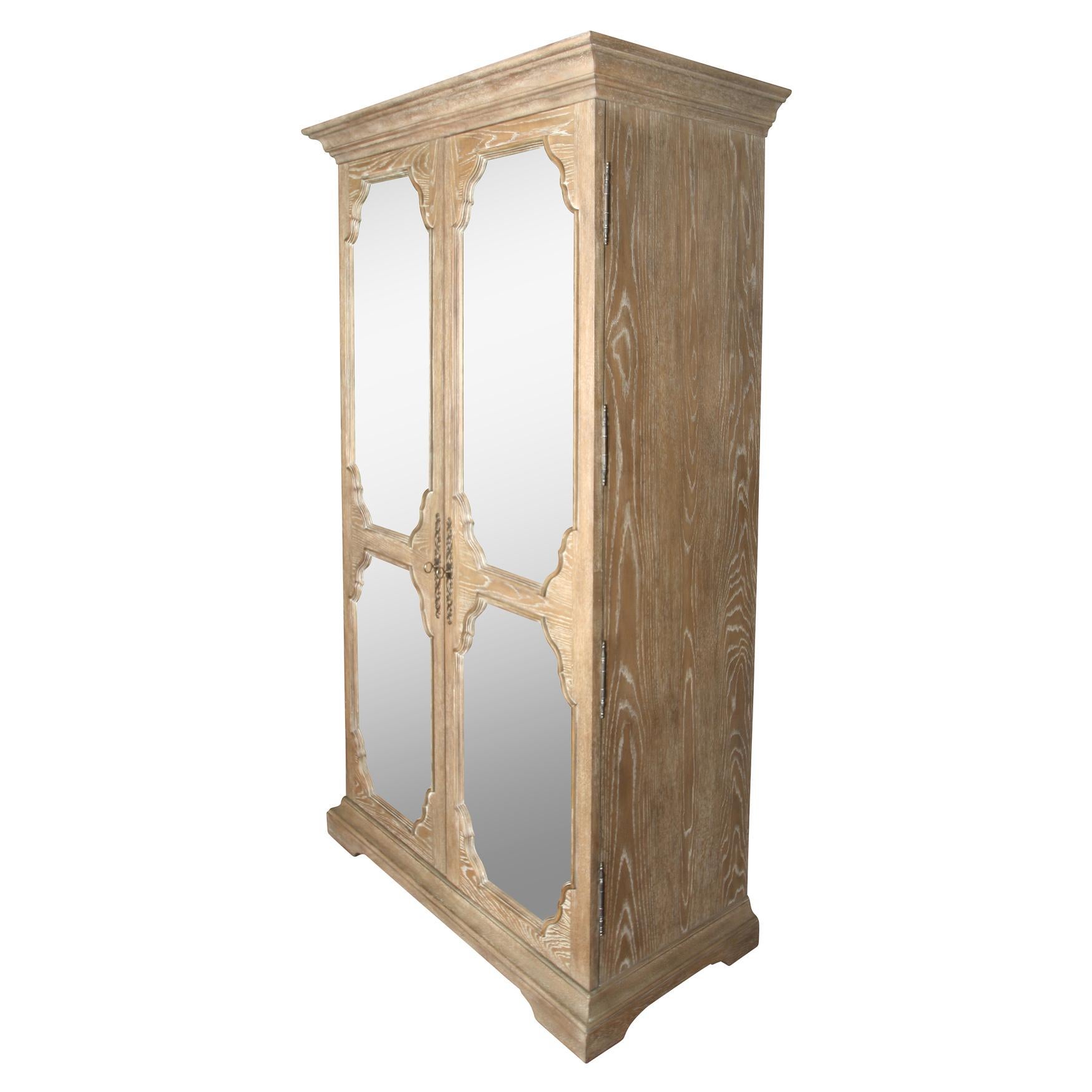 Stylized Cerused Oak Mirrored Armoire In Excellent Condition In Locust Valley, NY