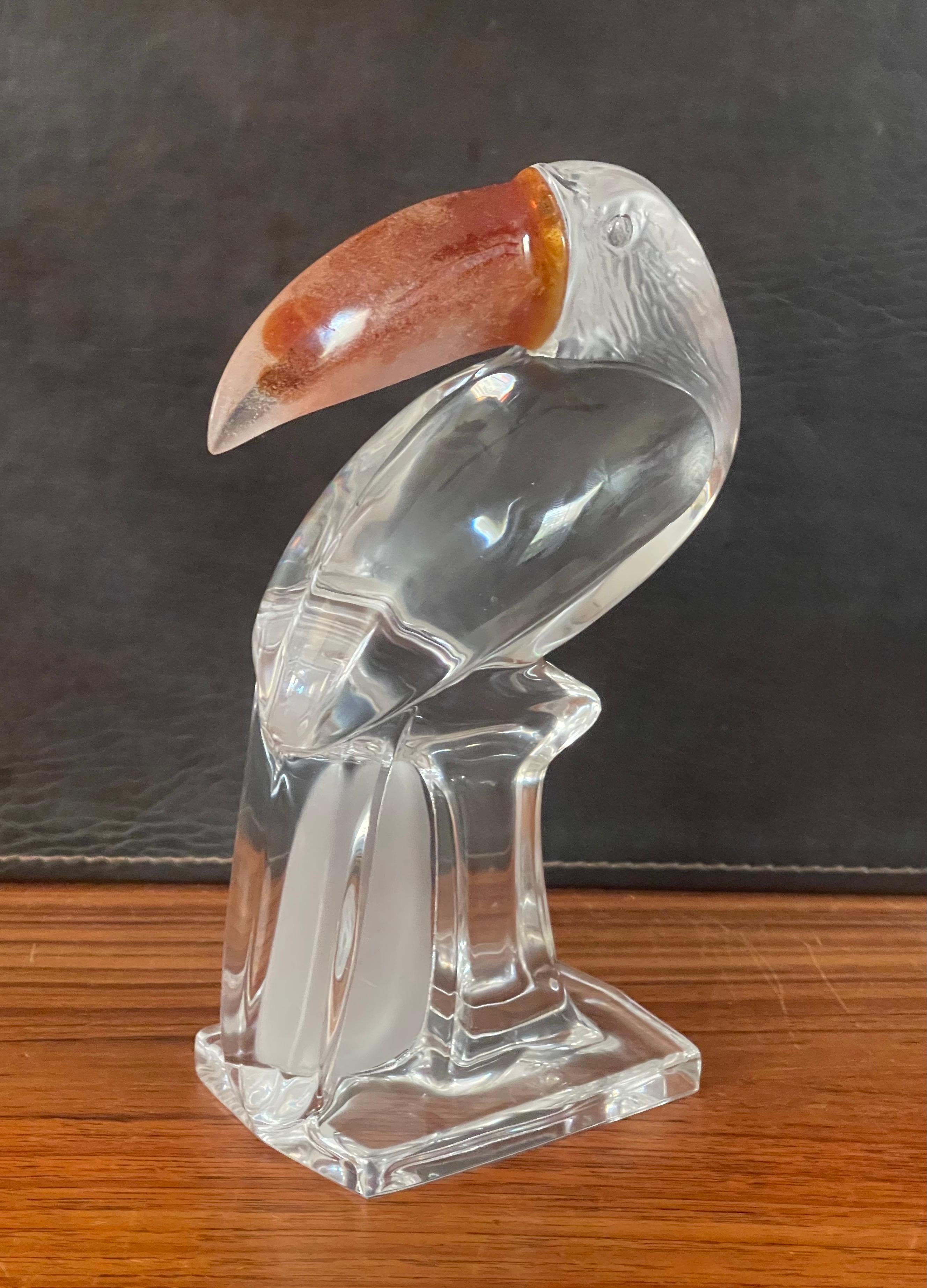 Stylized crystal toucan sculpture with amber beak by Daum France, circa 1980s. The etched signature reads 