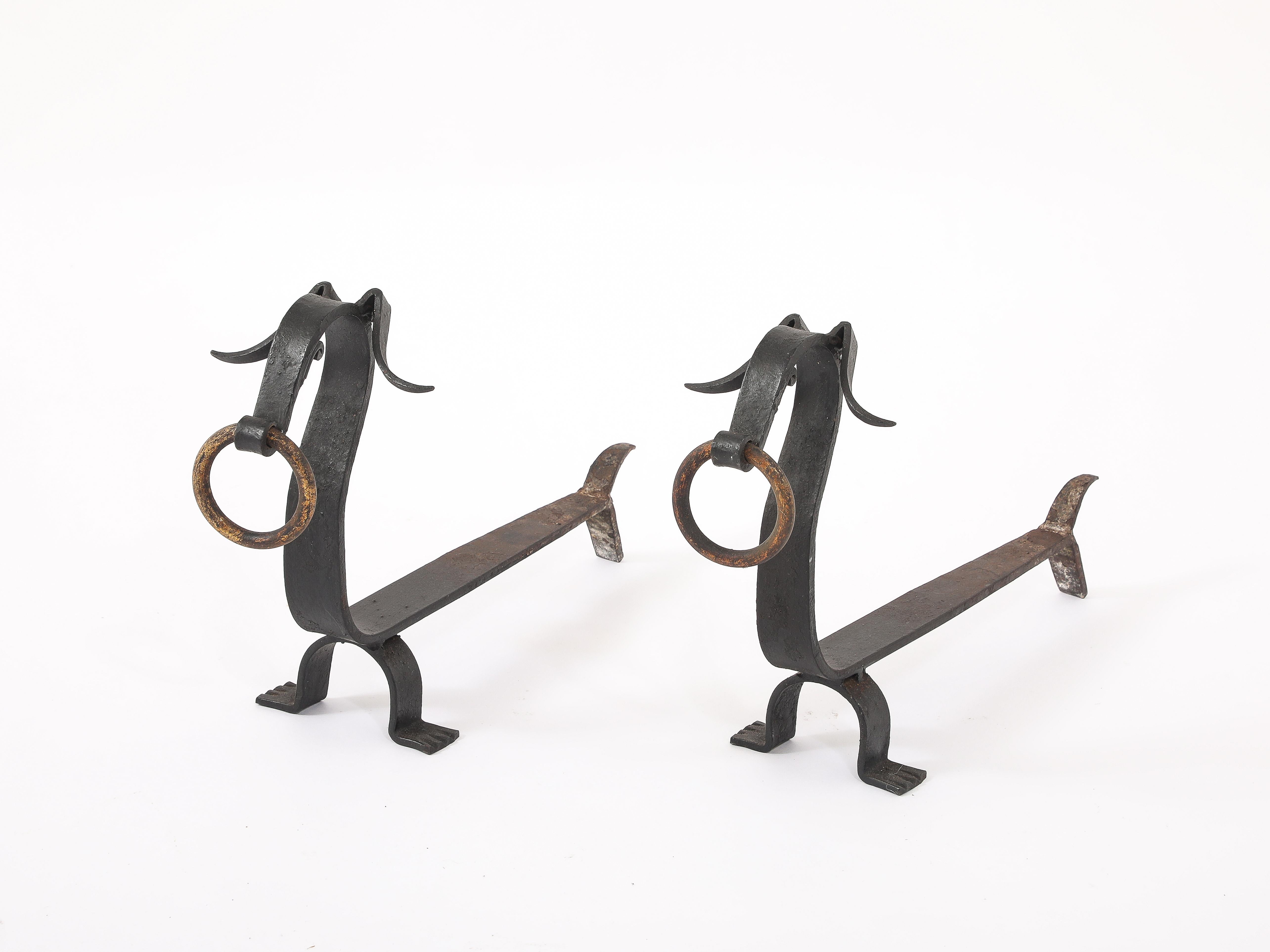 Mid-Century Modern Stylized Dashunds Andirons, France 1940's For Sale