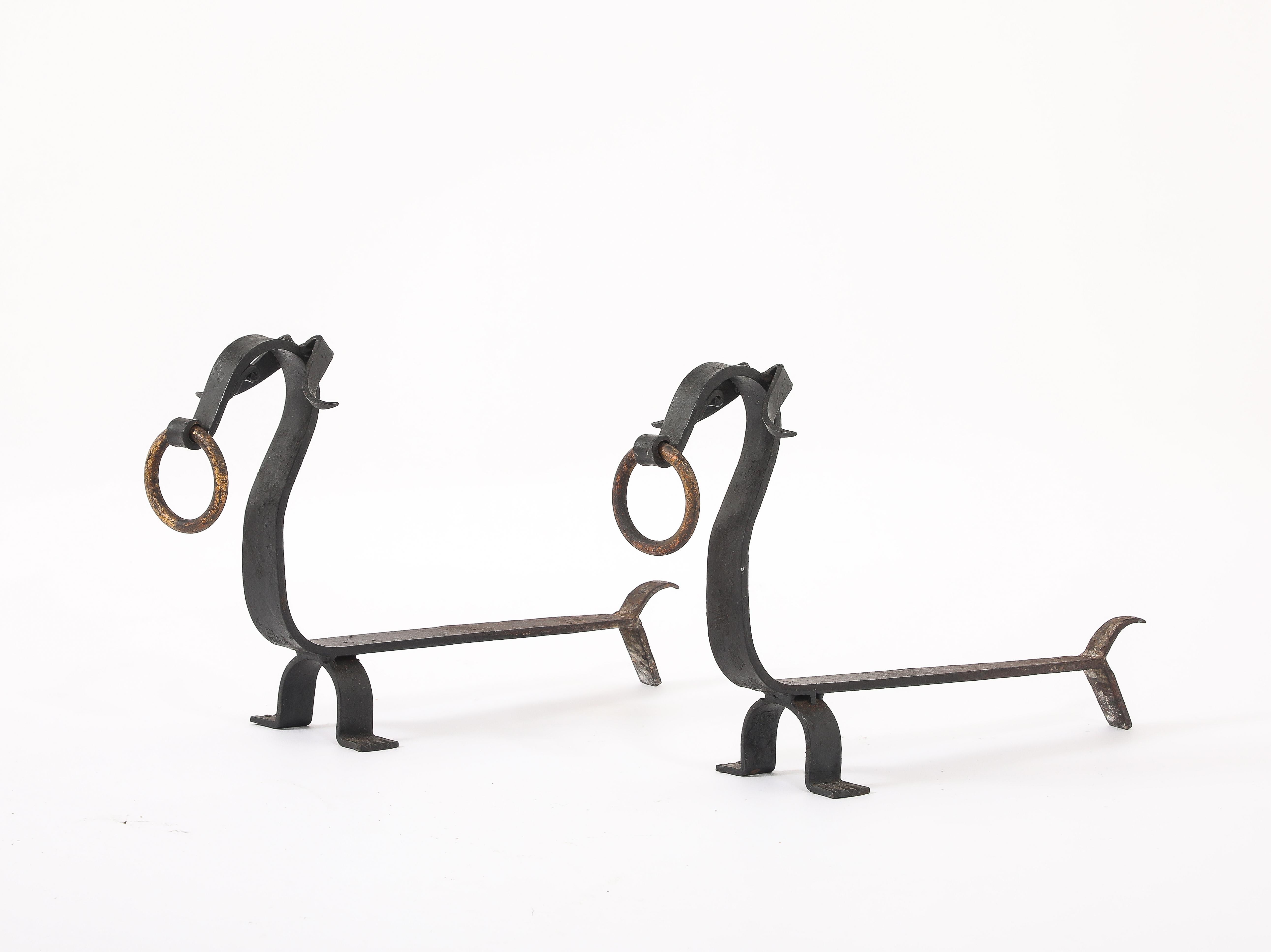 20th Century Stylized Dashunds Andirons, France 1940's For Sale