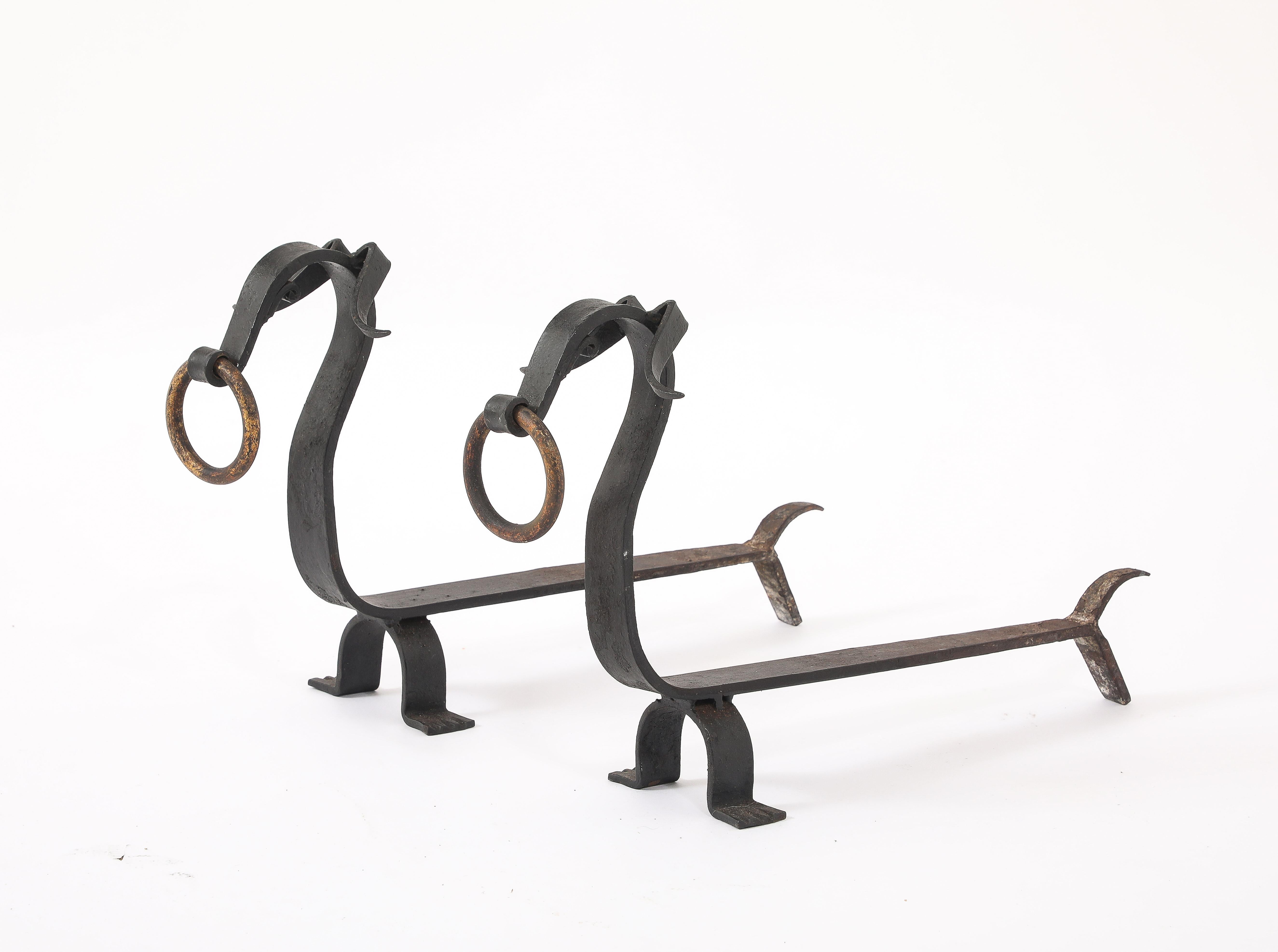 Brass Stylized Dashunds Andirons, France 1940's For Sale