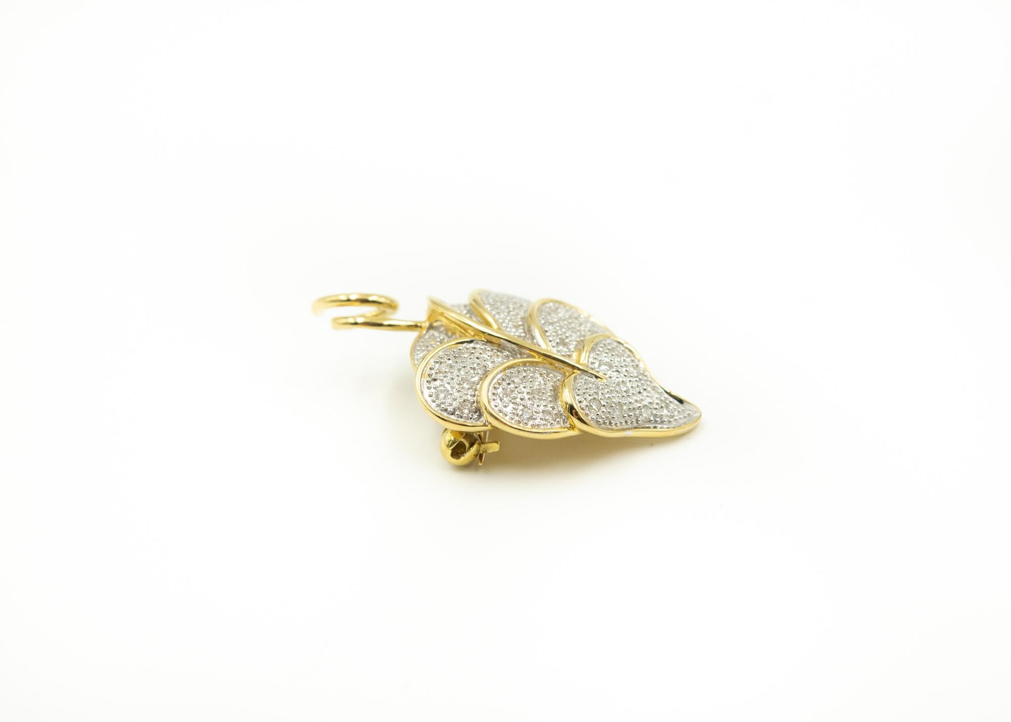 Women's or Men's Stylized Diamond Yellow and White Gold Leaf Brooch Pendant For Sale