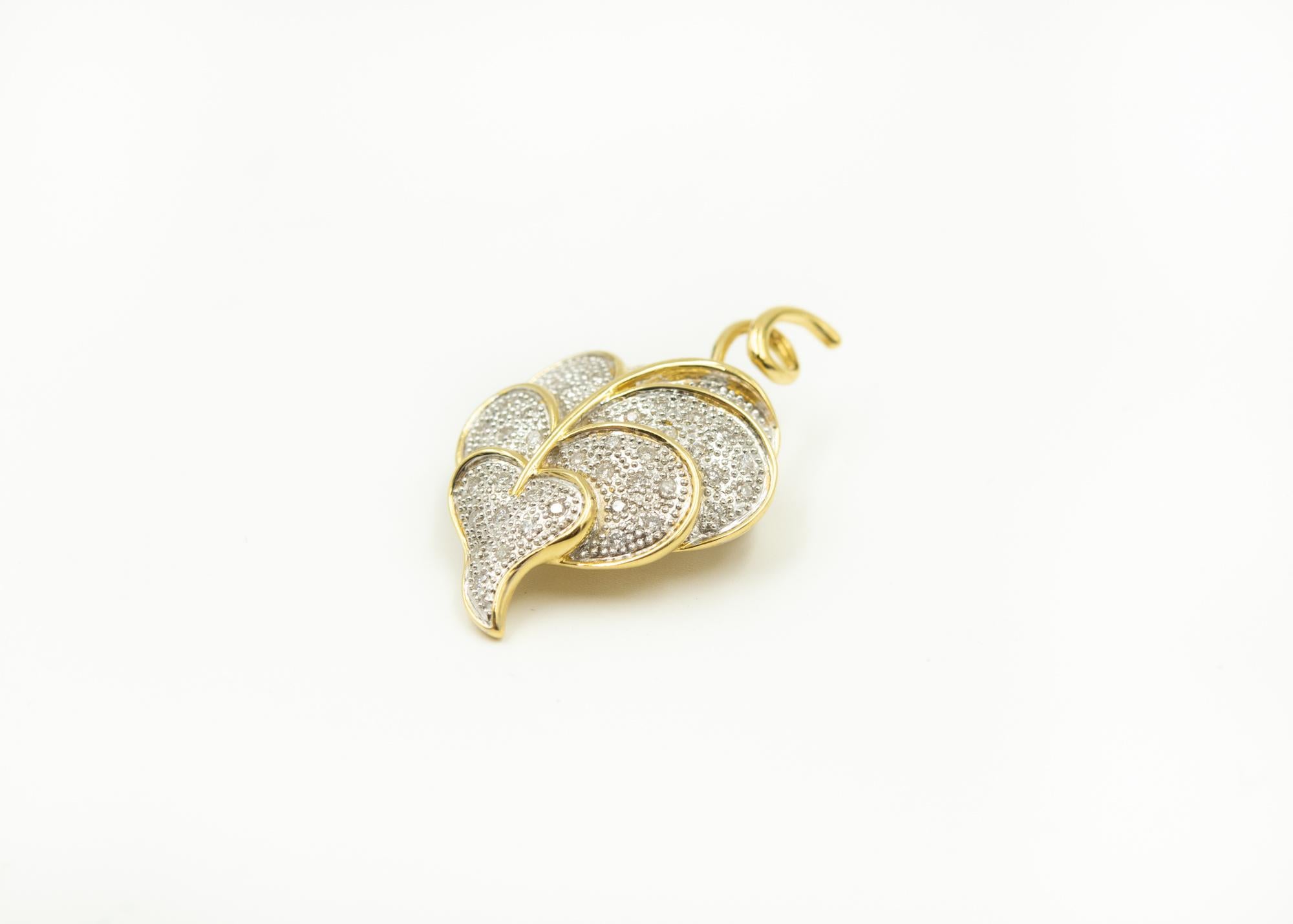 Stylized Diamond Yellow and White Gold Leaf Brooch Pendant For Sale 1