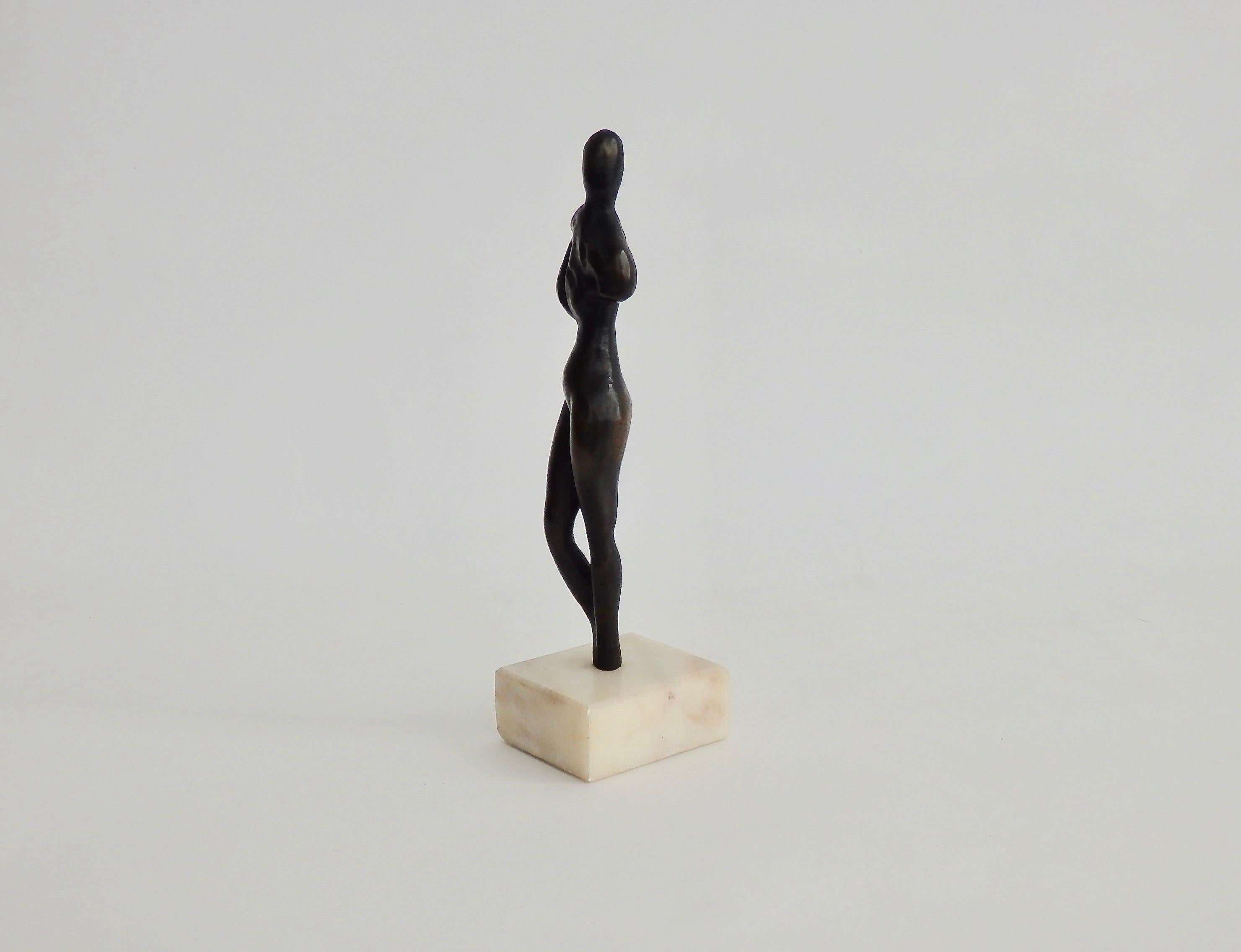 Mid-Century Modern Stylized Female Nude Bronze Desktop Sculpture on Marble Base, Signed