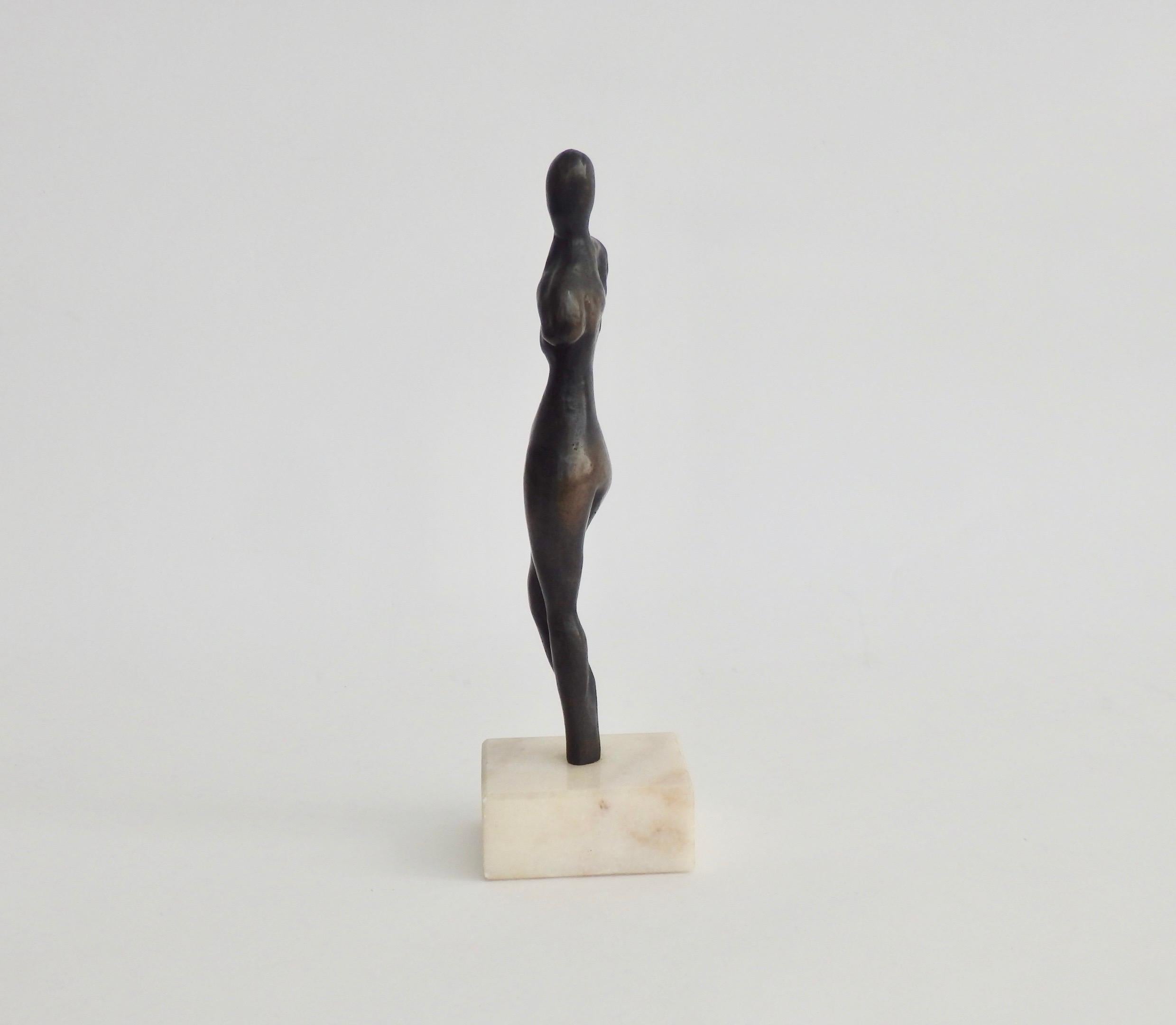 American Stylized Female Nude Bronze Desktop Sculpture on Marble Base, Signed