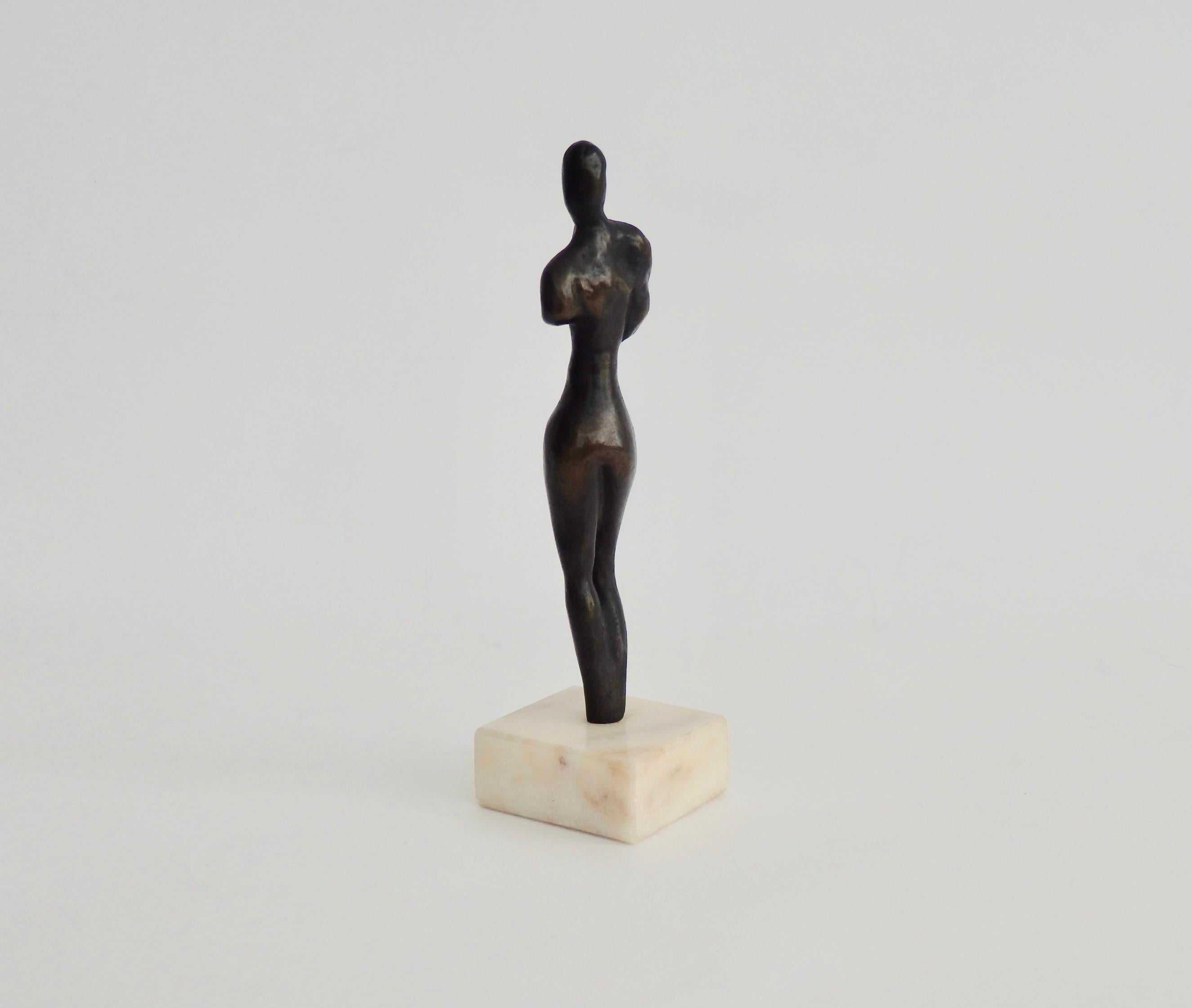 Cast Stylized Female Nude Bronze Desktop Sculpture on Marble Base, Signed