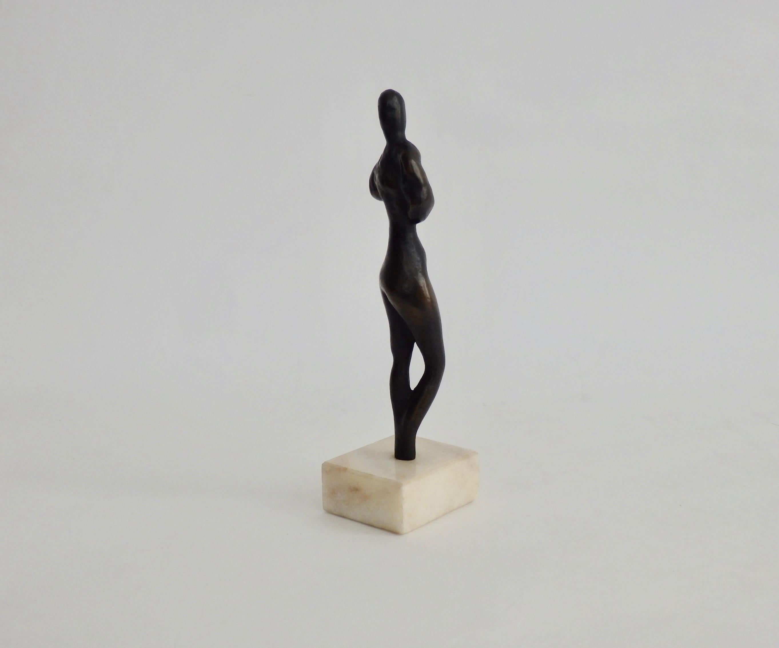 20th Century Stylized Female Nude Bronze Desktop Sculpture on Marble Base, Signed