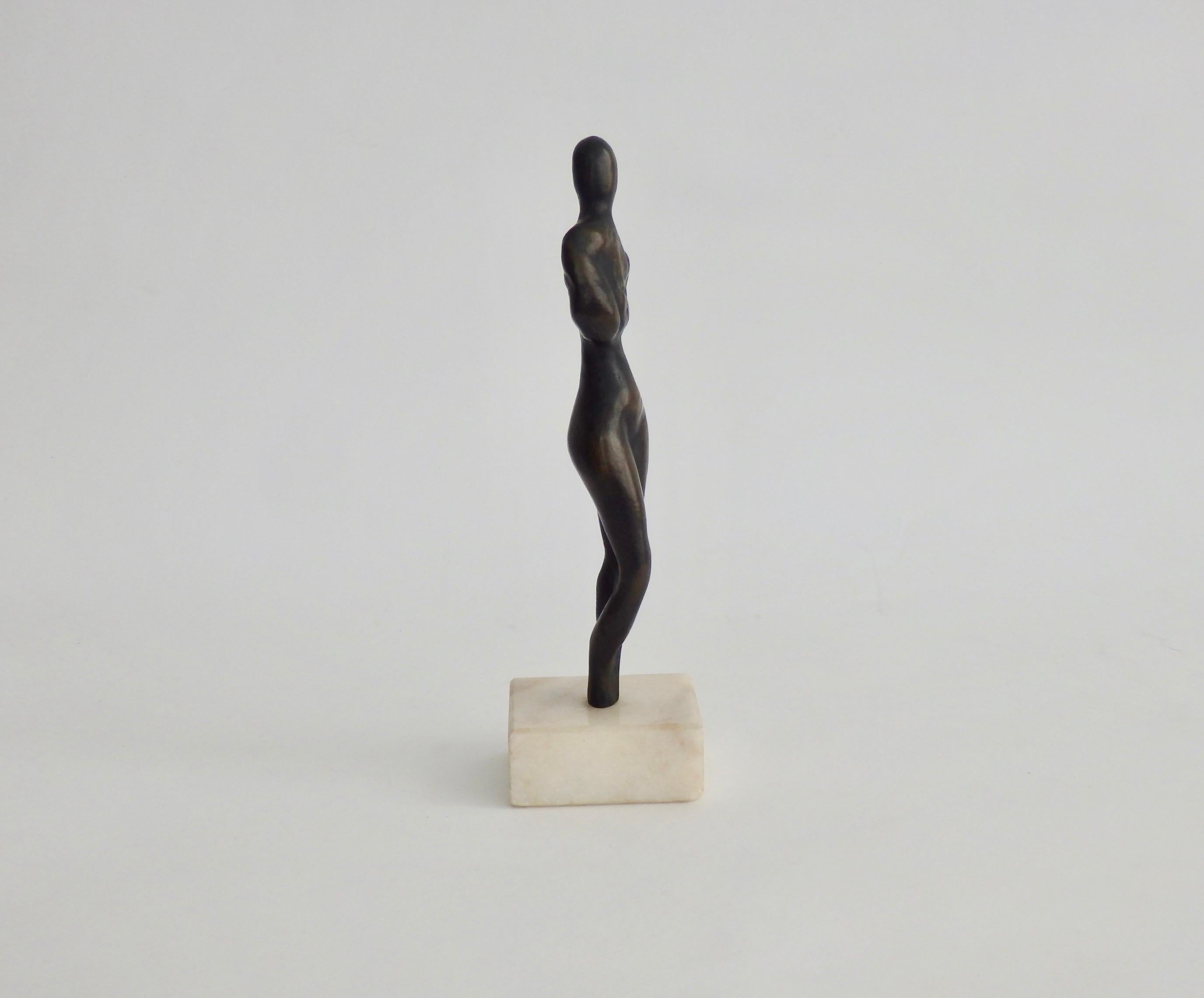 Stylized Female Nude Bronze Desktop Sculpture on Marble Base, Signed 1