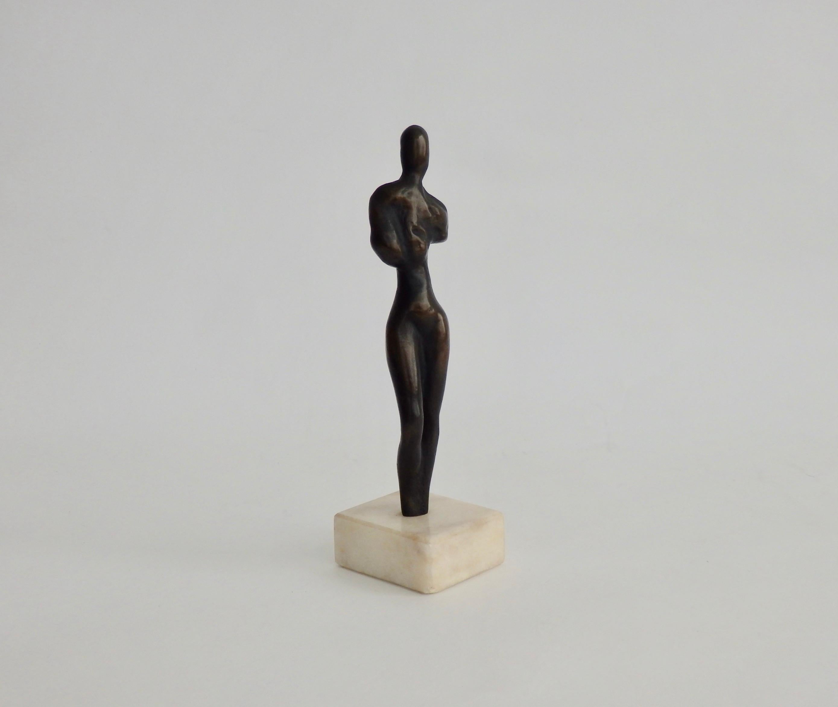 Stylized Female Nude Bronze Desktop Sculpture on Marble Base, Signed 2