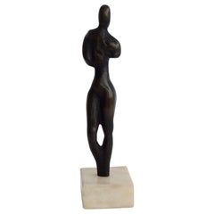 Stylized Female Nude Bronze Desktop Sculpture on Marble Base, Signed