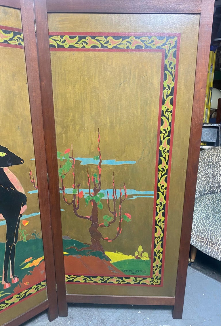Hand-Painted Stylized Hand Painted Art Deco Screen / Divider Signed Marian B. Jeffries C.1928 For Sale