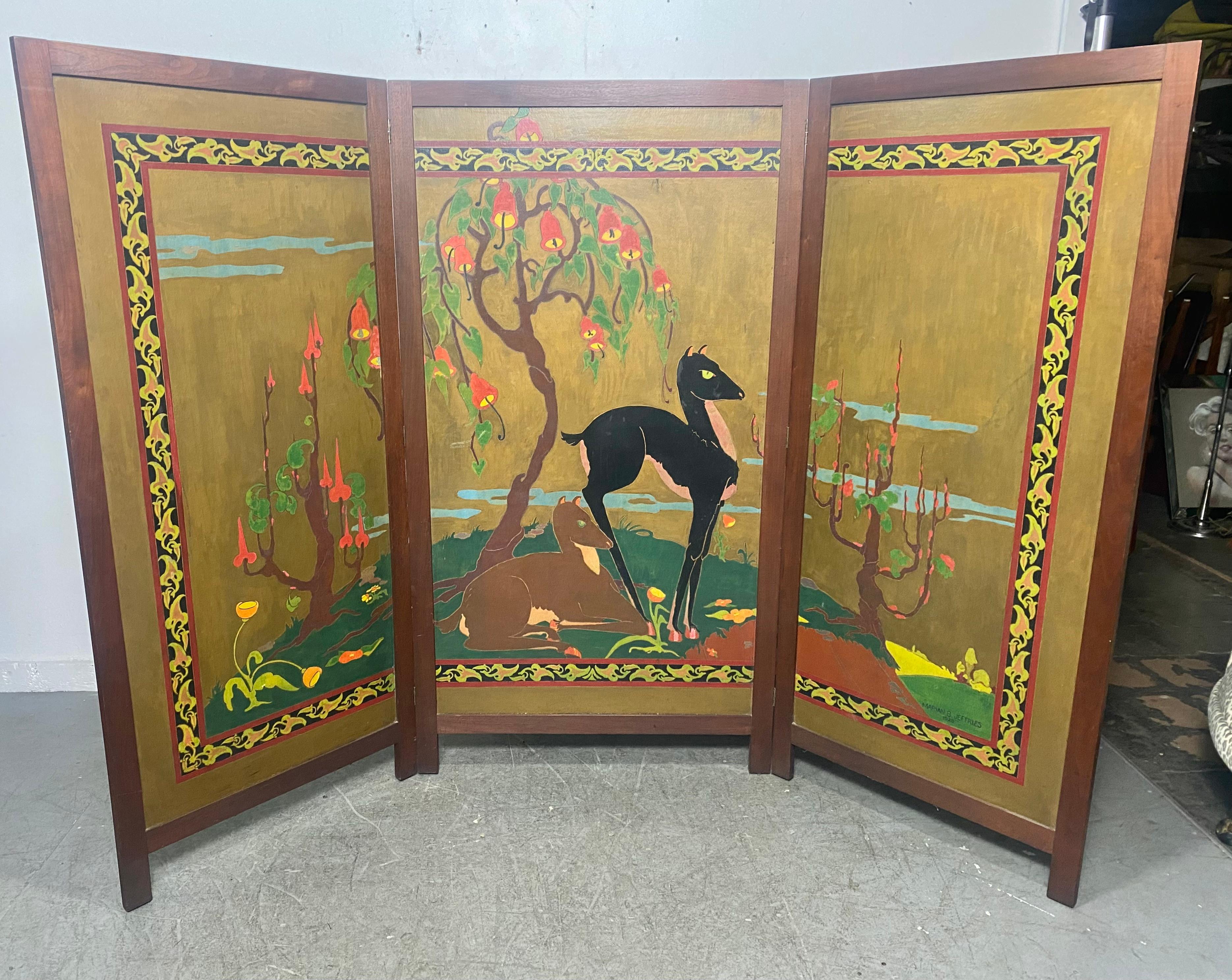 Stylized Hand Painted Art Deco Screen / Divider Signed Marian B. Jeffries C.1928 In Good Condition For Sale In Buffalo, NY