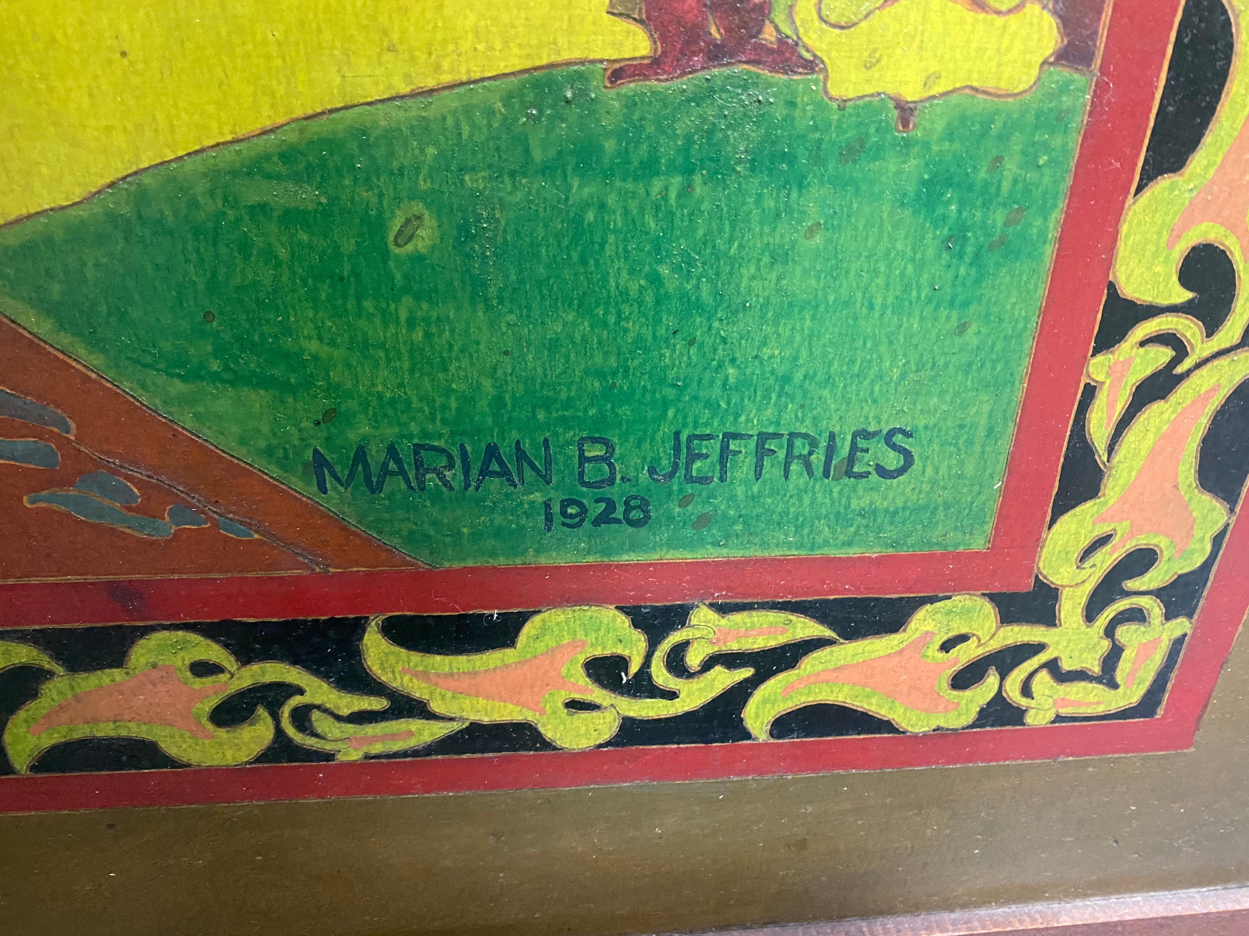 Wood Stylized Hand Painted Art Deco Screen / Divider Signed Marian B. Jeffries C.1928