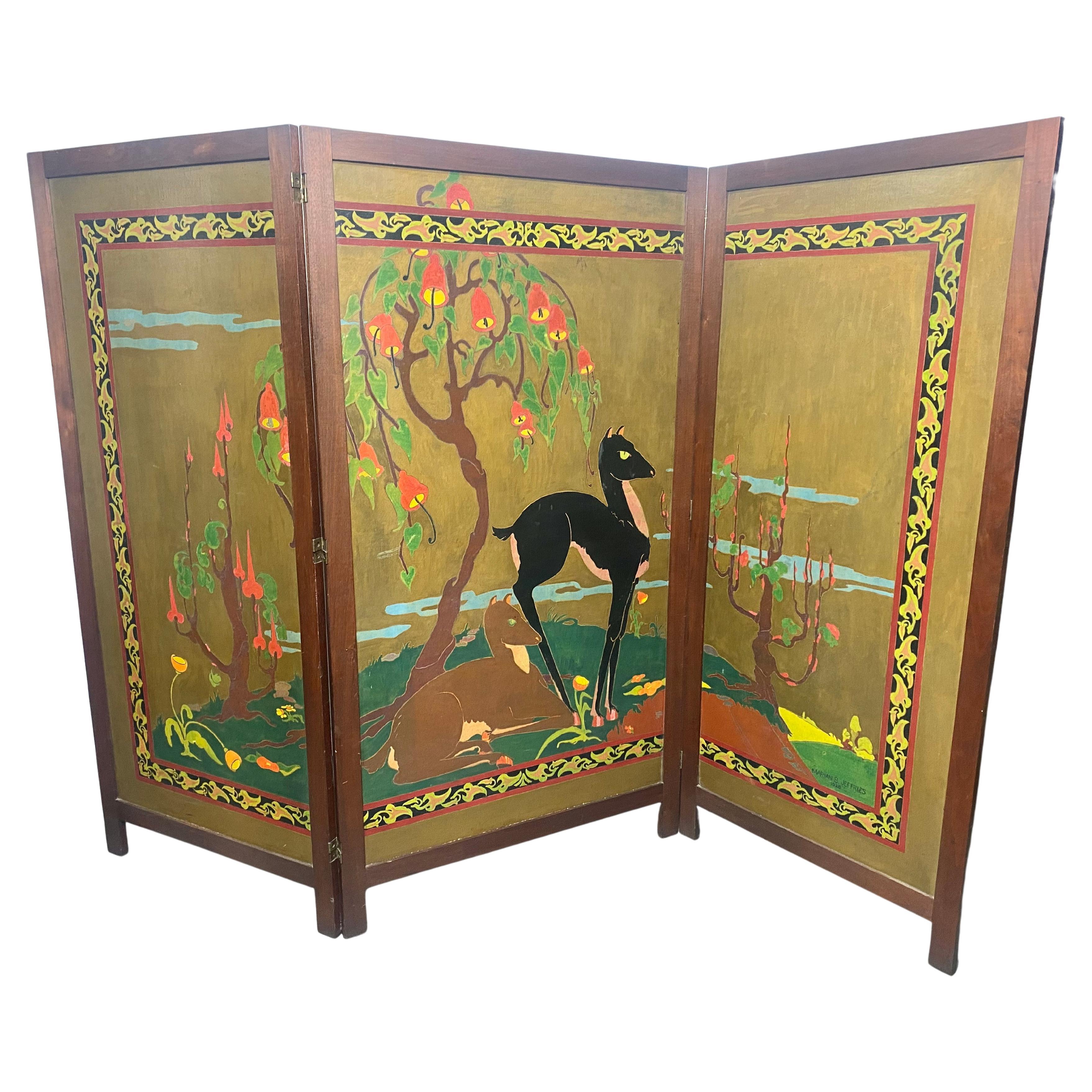 Stylized Hand Painted Art Deco Screen / Divider Signed Marian B. Jeffries C.1928