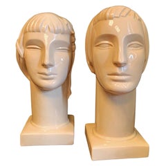 "Stylized Heads, " Rare Pair of High Style Male and Female Art Deco Sculptures